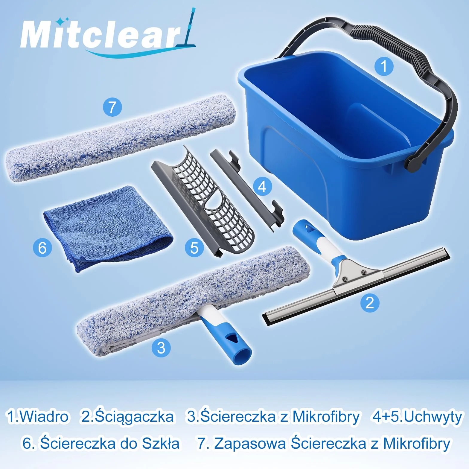 Mitclear Profesjonalny Zestaw do Czyszczenia Okien – Wiadro 12L, Ściągaczka Silikonowa 35cm, Ściągaczka z Mikrofibry i Ściereczka do Szyb, Uniwersalny do Użycia Domowego i Komercyjnego
