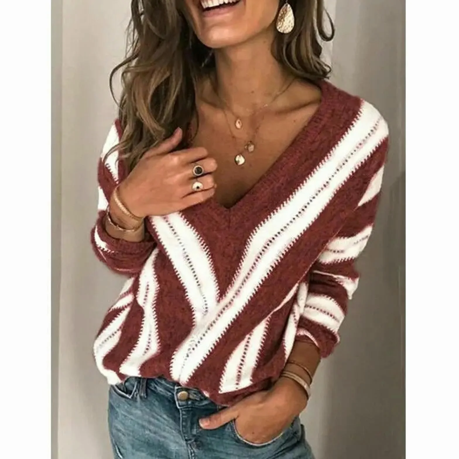 Sweter w paski patchworkowy sweter z dzianiny sweter z dekoltem w serek damski luźny codzienny ciepły sweter-fioletowy-S