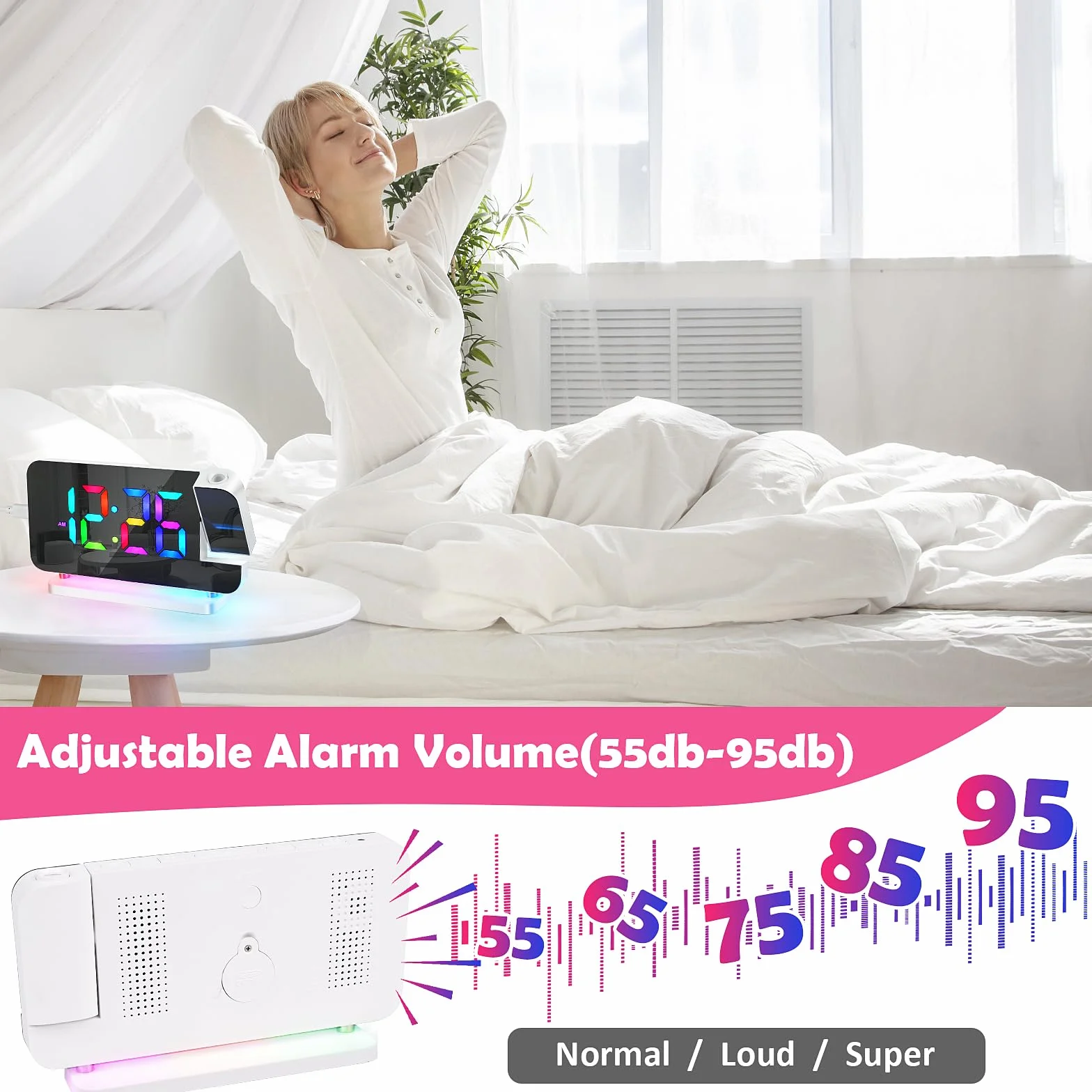 Euakee Budzik Projekcyjny 7,4 Cala LED Zegar Lustrzany 10 Kolorów Światło Nocne Projektor Obrotowy 180° USB-C