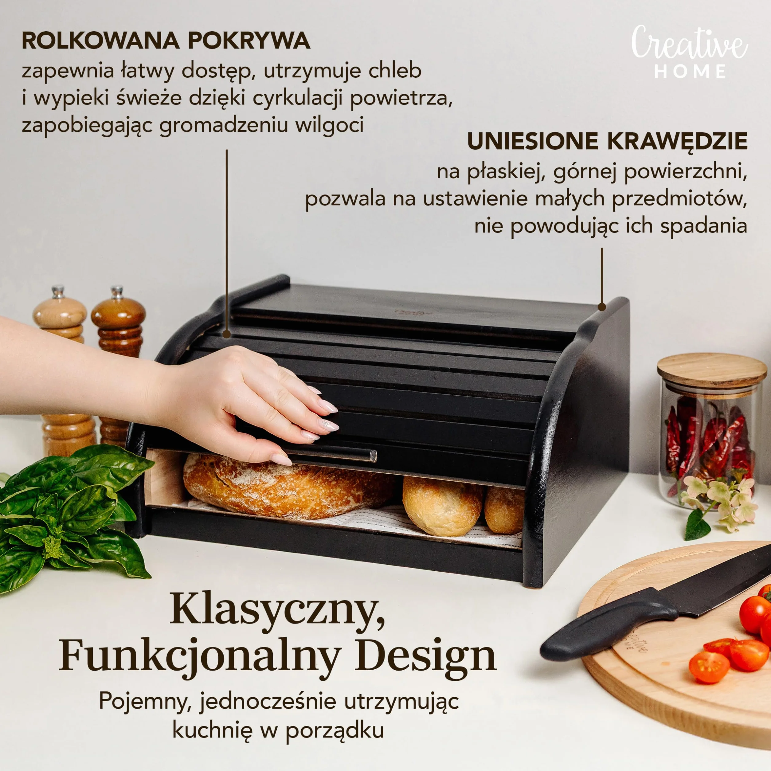 Creative Home Czarny Drewniany Chlebak z Rozsuwaną Pokrywą 38 x 28,5 x 17,5 cm Naturalne Drewno Bukowe