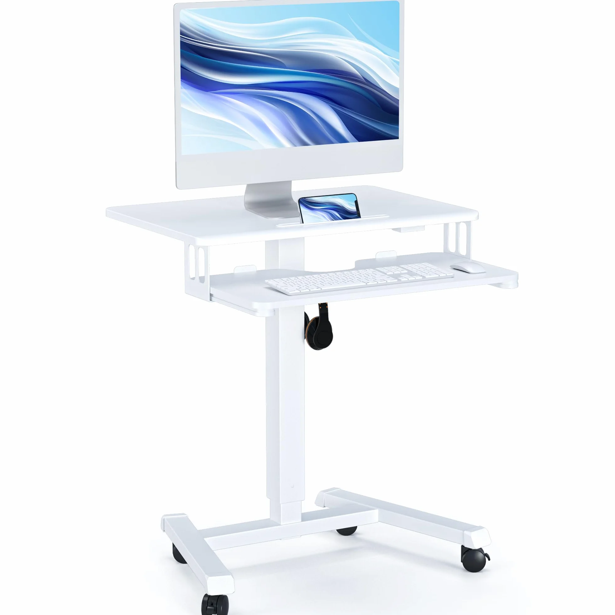 BONTEC Mobilne Biurko Stojące z Regulacją Wysokości 72-112 cm, 4 Kółka, Stacja Robocza na Laptopa z Półką na Klawiaturę, Ergonomiczne Biurko do Siedzenia i Stania, Do 15 kg, Do Biura i Domu