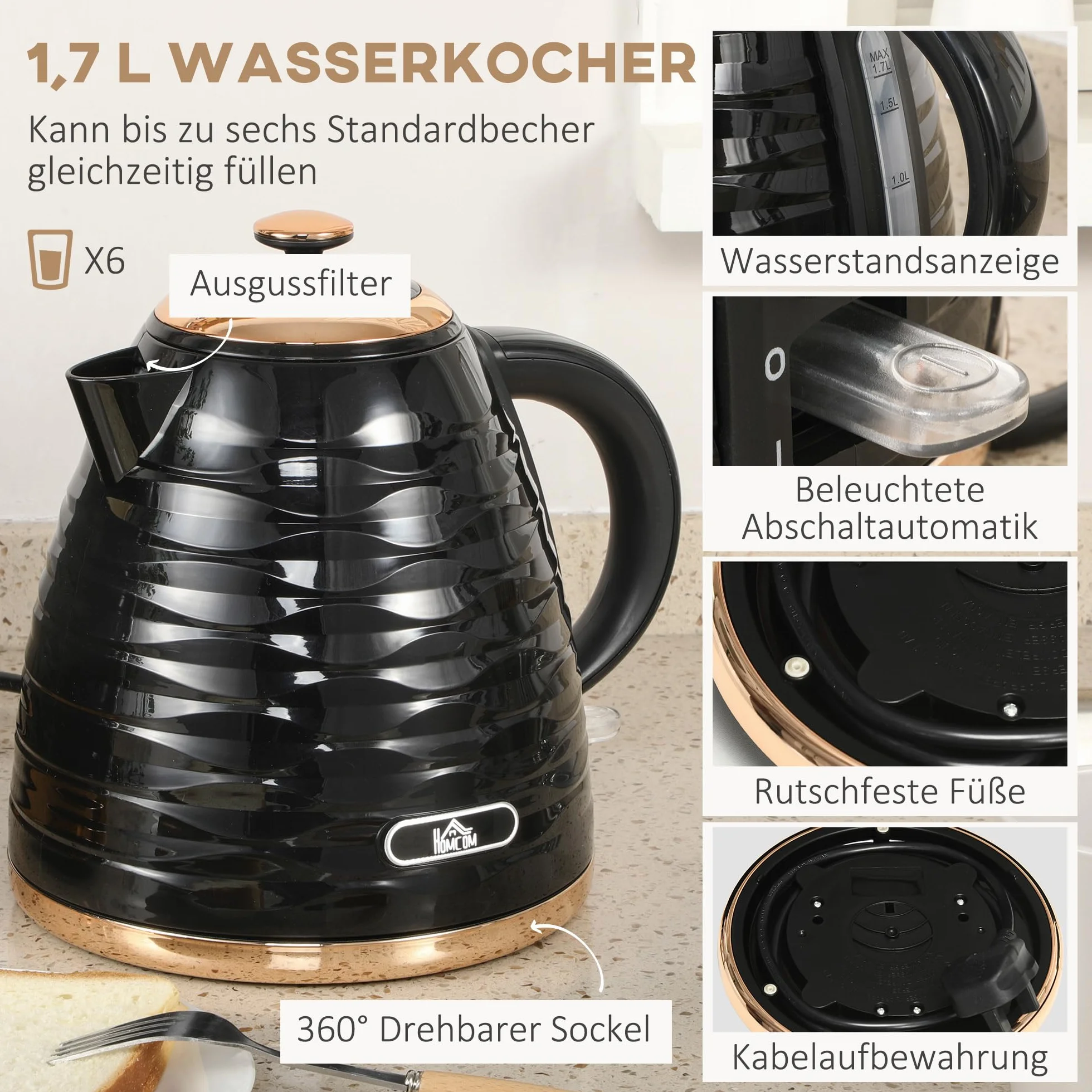 Czajnik 1,7L i toster na 4 kromki, czarny zestaw