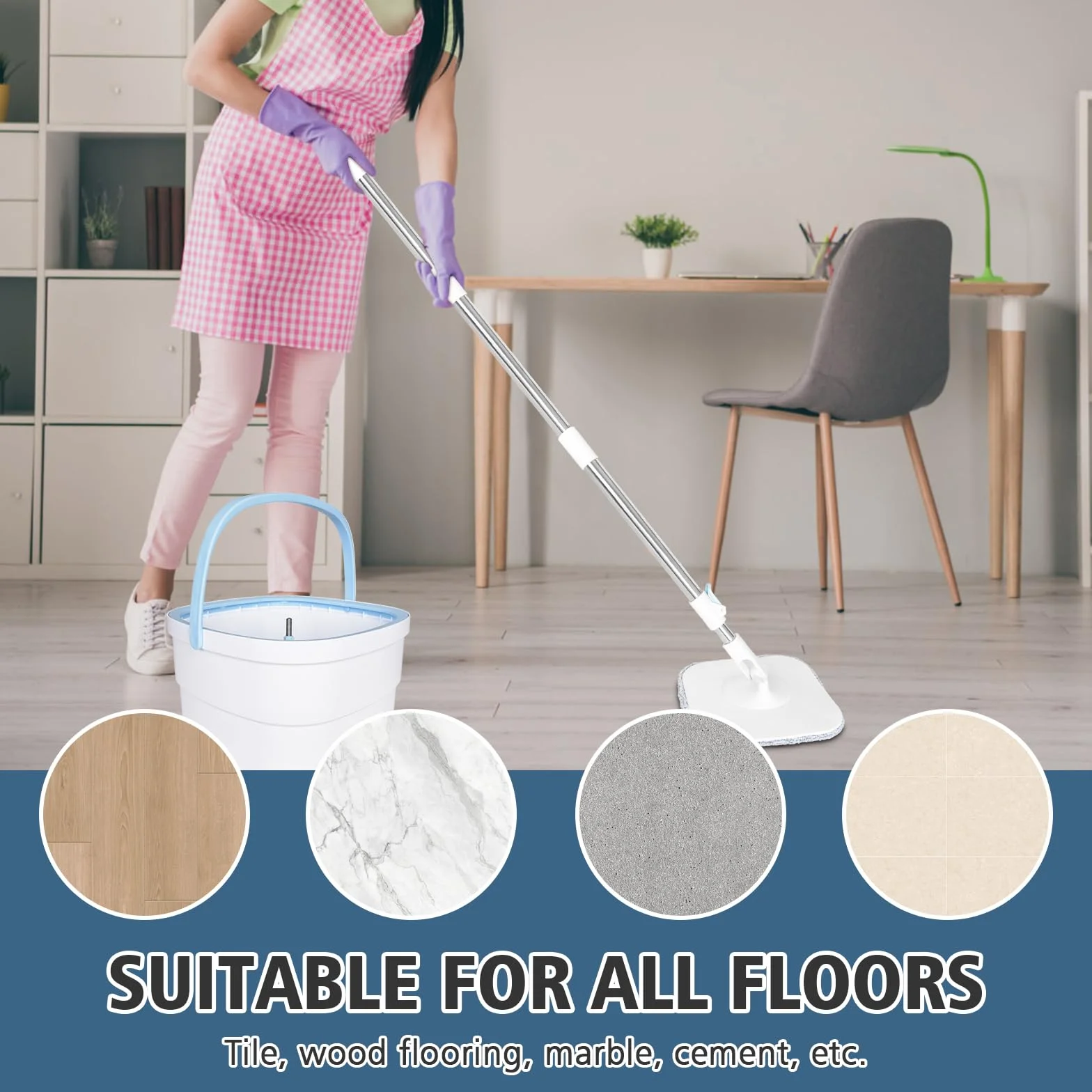 Mop do mopa 130 cm, z wiadrem wyciszającym, system filtrów 2 w 1 oddziela brud słodką wodę, mop z mikrofibry do podłóg okiennych, mop czyszczący z 2 podkładkami