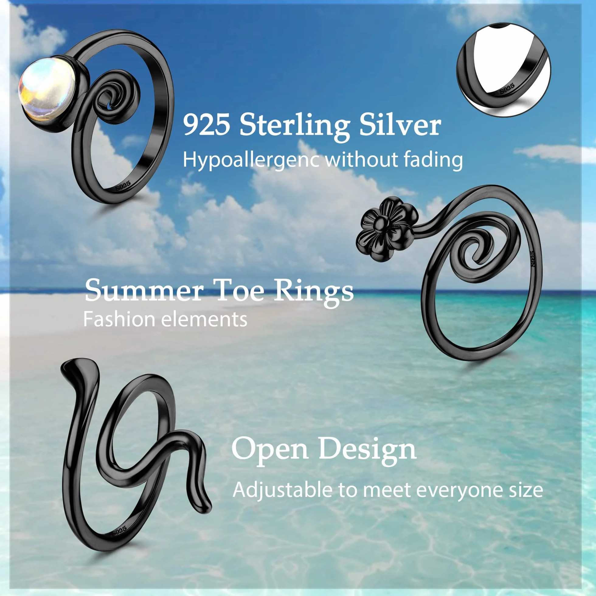 Sllaiss 3PCS 925 Sterling Silver Czarny Pierścień do palca dla kobiet Mężczyzn Otwarty Regulowany Pierścień Czarny Twist Flower Cool Toe Ring Zestaw palca Pierścień Foot Biżuteria