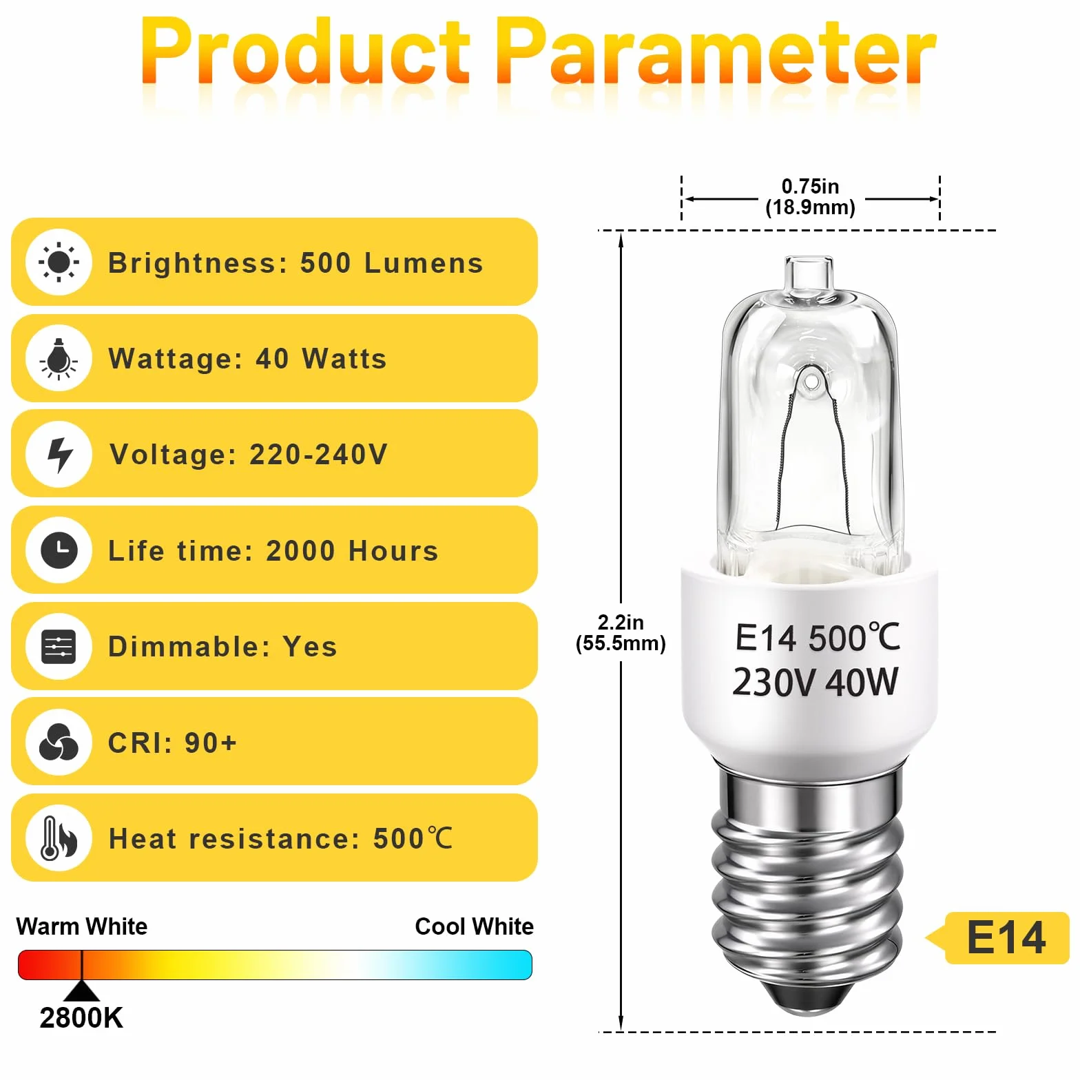 Żarówka E14 do piekarnika 300°C, 230V, ściemnialna, ciepła biel, 2 sztuki