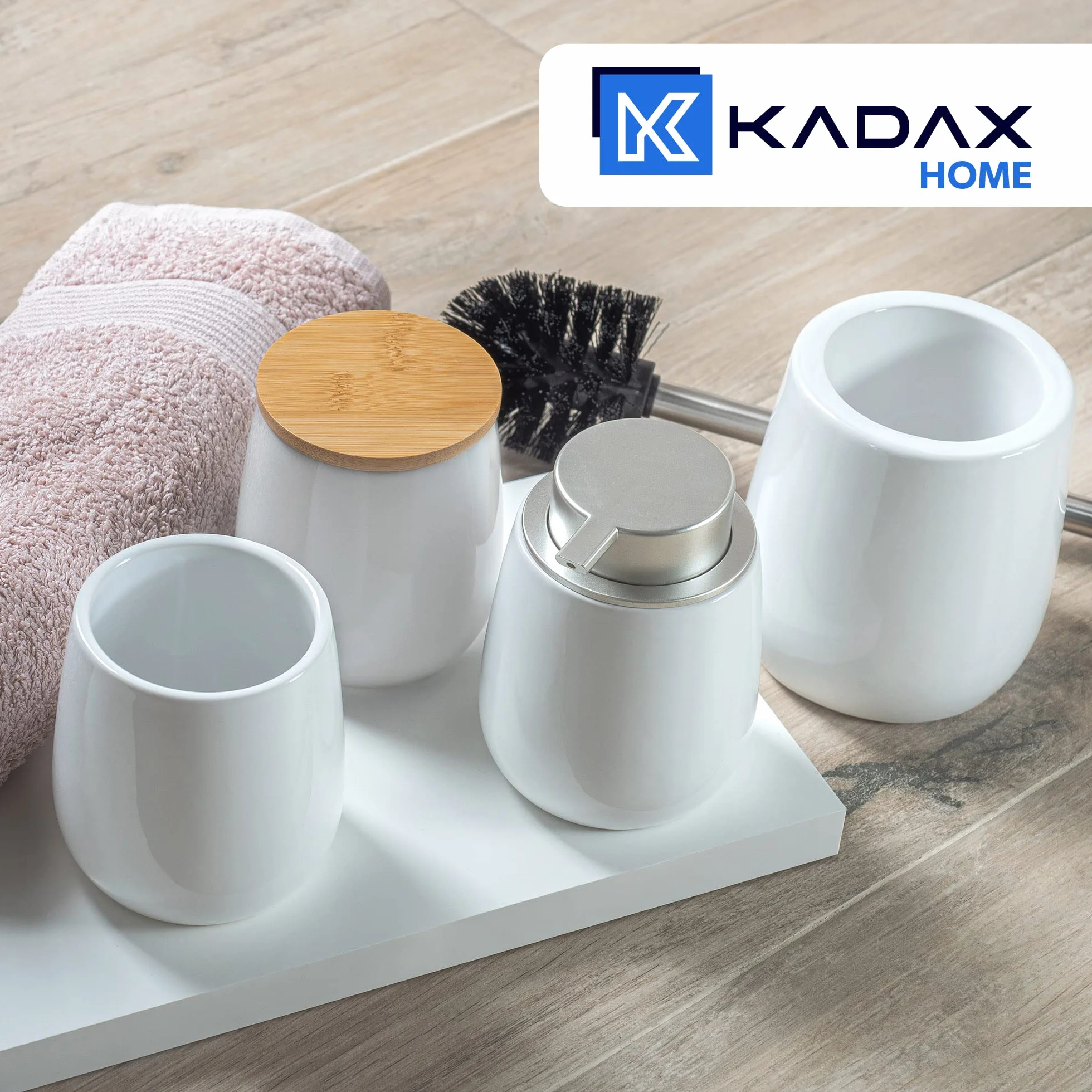 KADAX Pojemnik łazienkowy ceramiczny biały z bambusową pokrywką, szczelne zamknięcie ogranicza wilgoć, zmywalna powierzchnia, na waciki kosmetyczne, patyczki i drobiazgi do łazienki