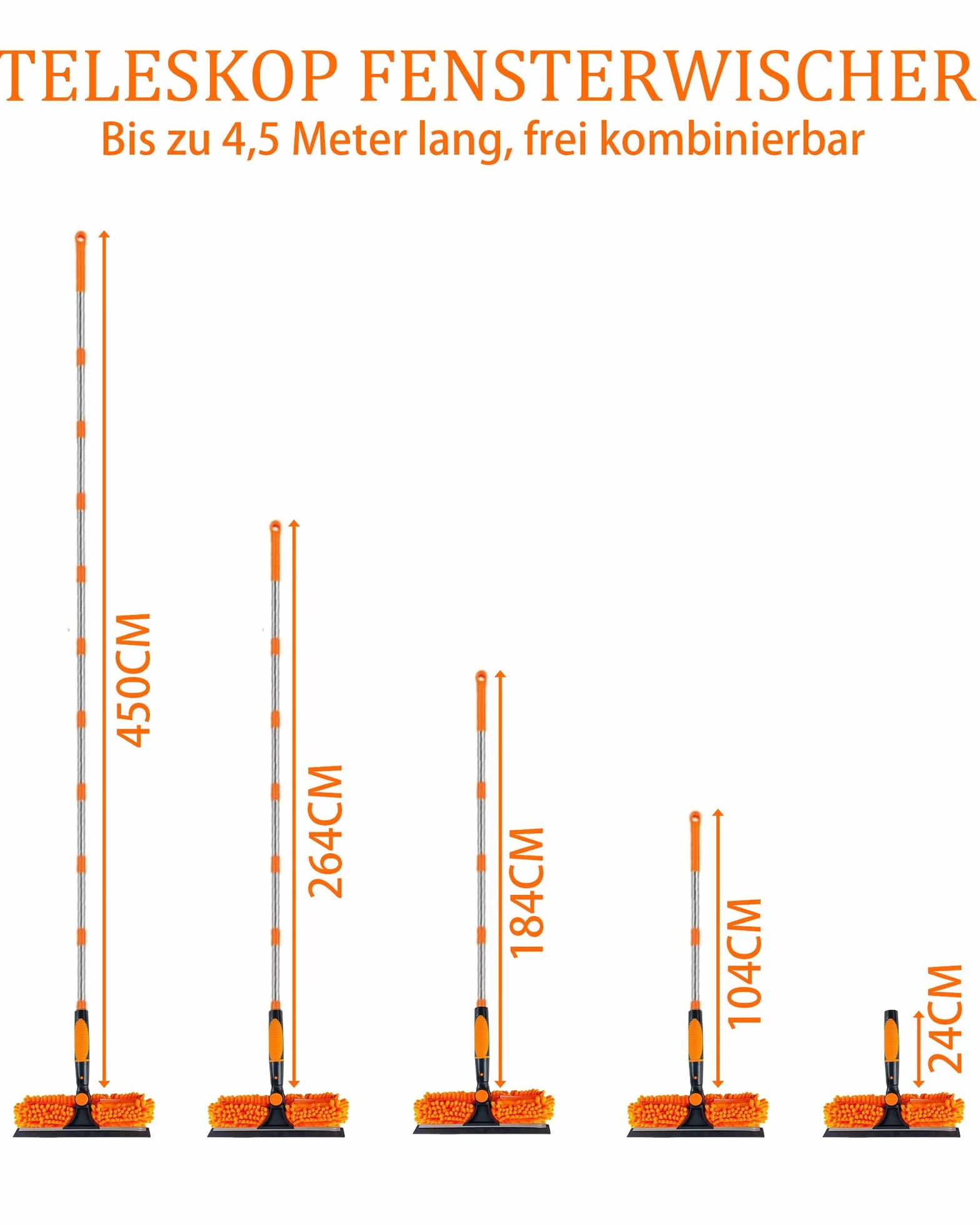 Myjka do okien z trzonkiem teleskopowym 4,5 m, 2 w 1, silikonowa ściągaczka, szorka z mikrofibry, głowica obracana 270°