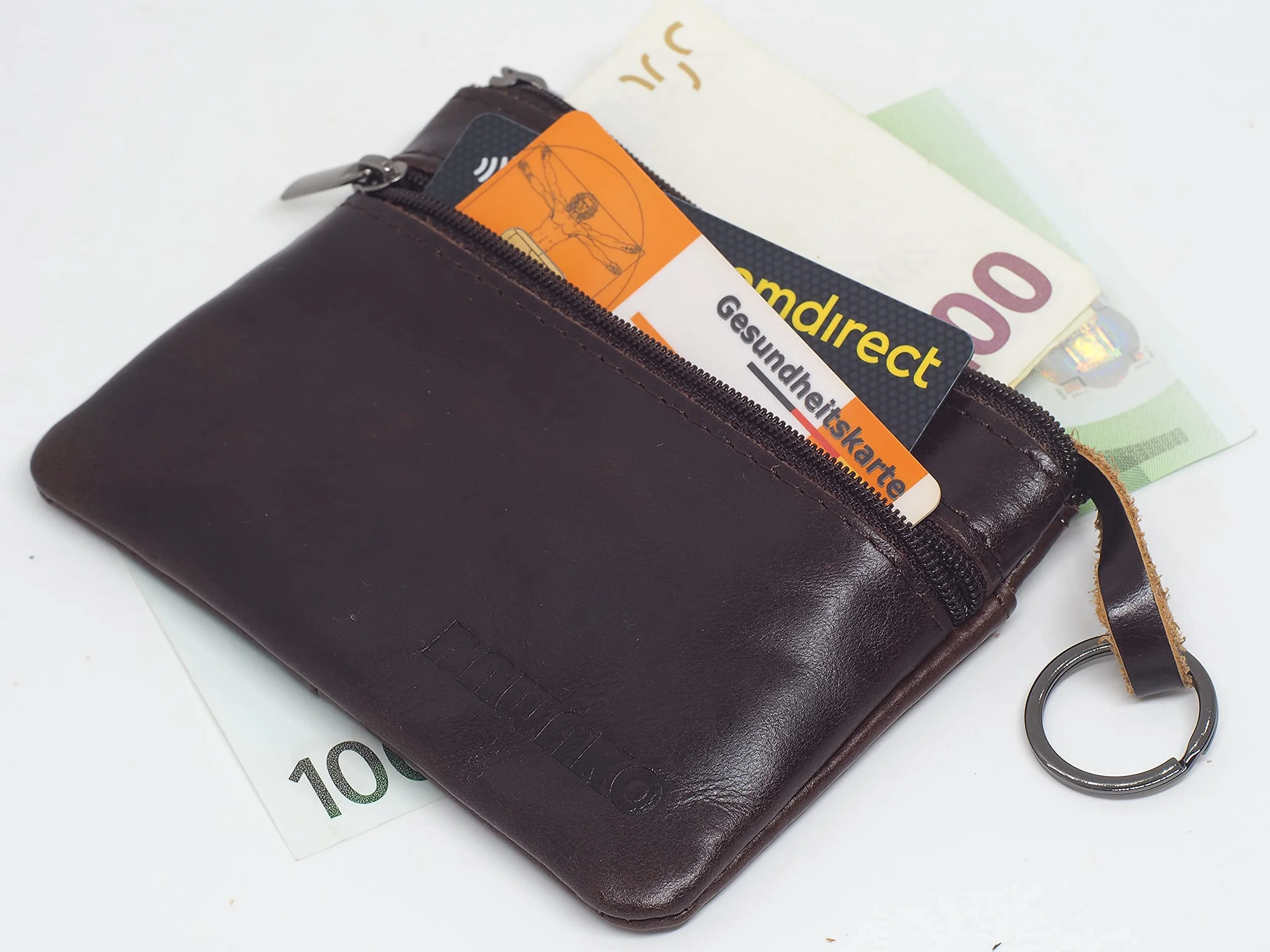 duże etui na klucze 3 przegródki zapinane na suwak prawdziwa skóra, etui na klucze dla kobiet, mężczyzn, dzieci (ciemny brąz, W9/L13)