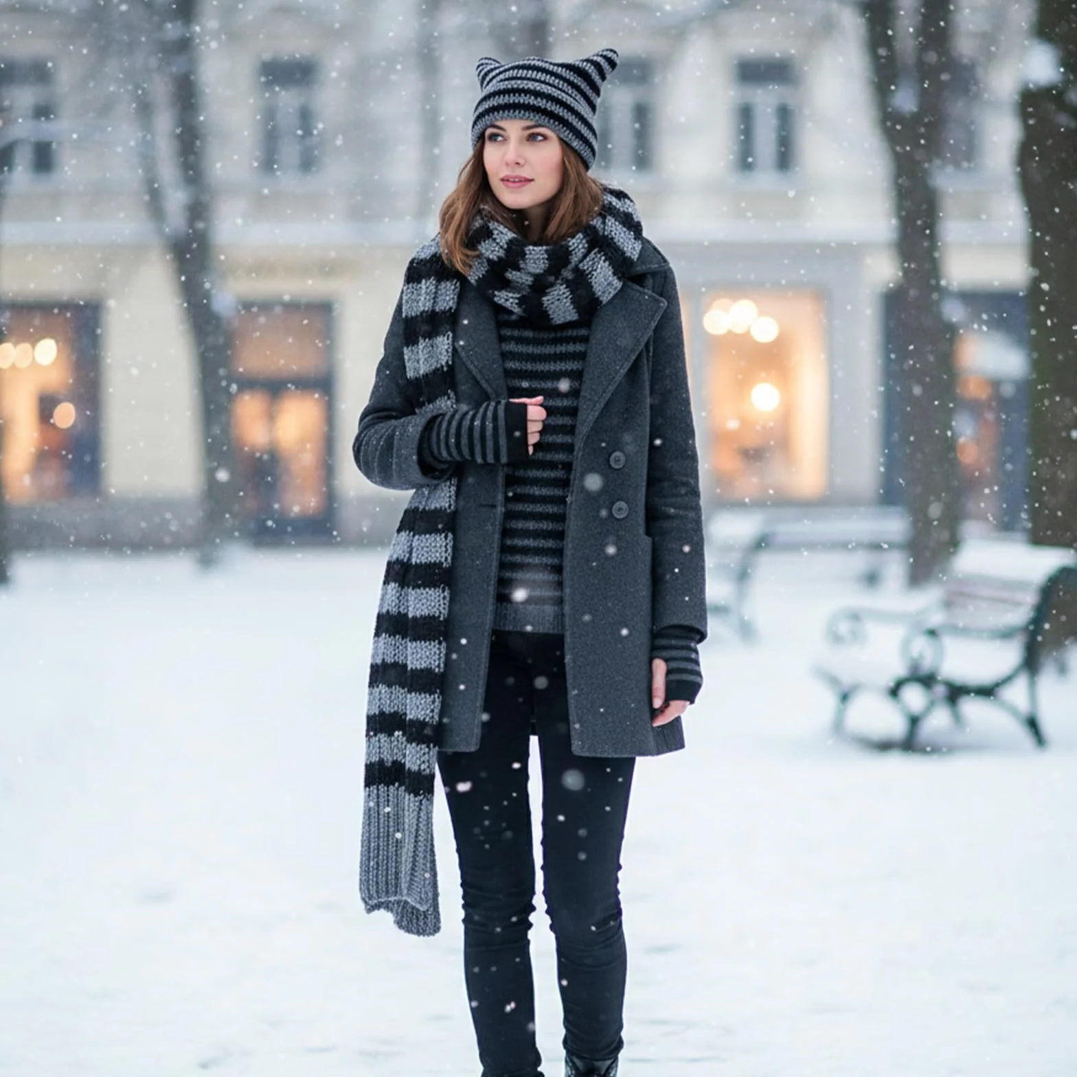 Damska czapka z kocimi uszami, y2k Beanie Striped Crochet Slouchy Hat z długimi mankietami w paski, dla kobiet, zimowa, ciepła