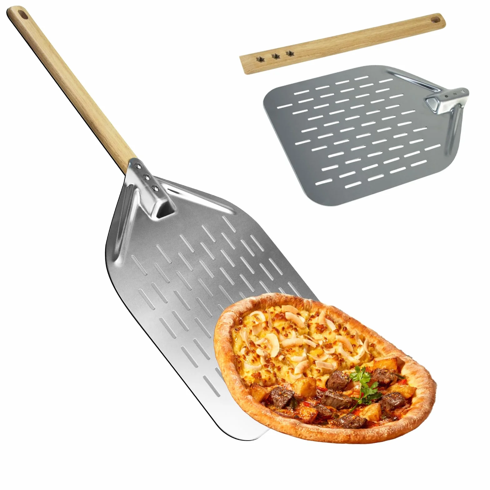 Łopatka do pizzy aluminiowa z odpinanym drewnianym uchwytem 70x30 cm