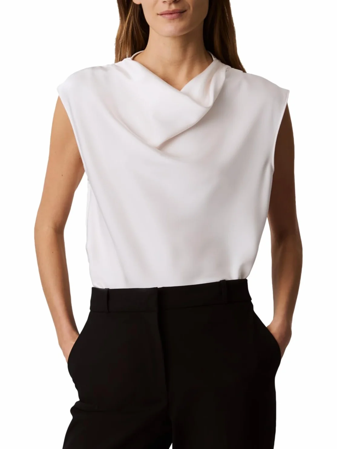Calvin Klein Damska bluzka z satyny z wycięciem w kształcie wodospadu, sól morska, S