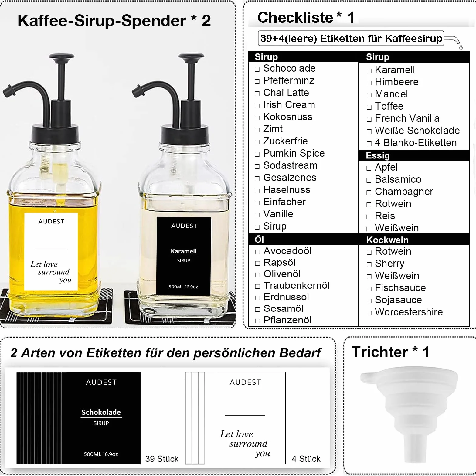 Dozownik syropu do kawy 500 ml czarny z naklejkami