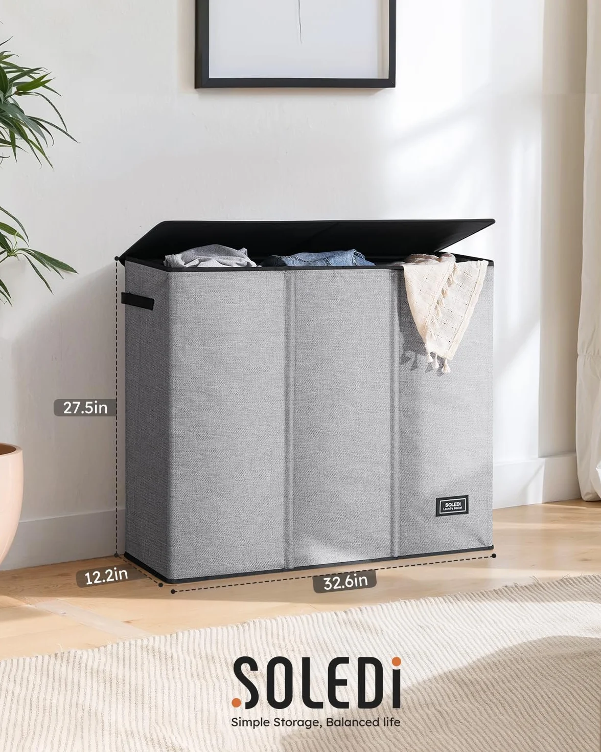 SOLEDI Kosz na pranie 180 l, 3-częściowy, bardzo duży kosz na pranie z pokrywką, kosz na brudne ubrania z solidnym uchwytem, duży organizer na pranie do pralni, sypialni, kosze na pranie
