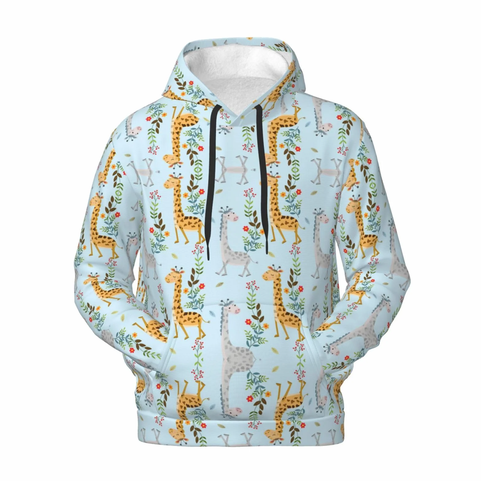 Męska bluza z kapturem z uroczym nadrukiem w kwiaty żyrafy, casualowa grafika z nadrukiem bluzy z kapturem z kieszenią