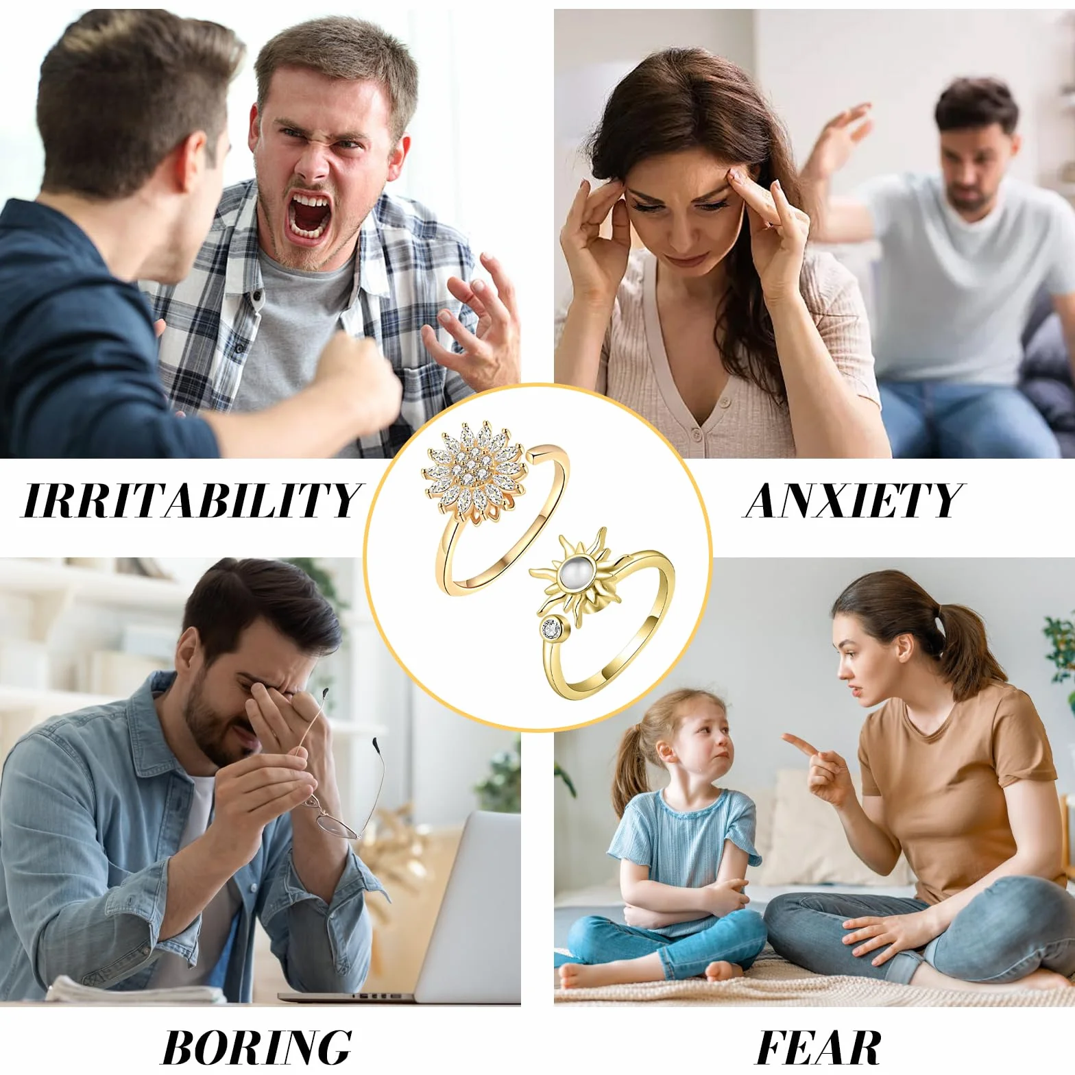 Anxiety pierścionek dla kobiet i kobiet, antystresowy, otwarty, spinner, regulowane, z cyrkoniami, możliwość układania w stos, zmniejszające stres, złote