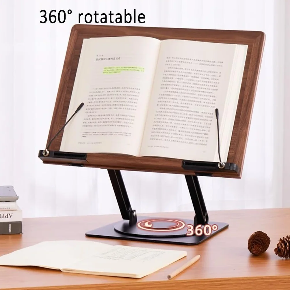 Drewniany stojak na książki składany obracany 360° regulowany 39x28 cm czarny orzech