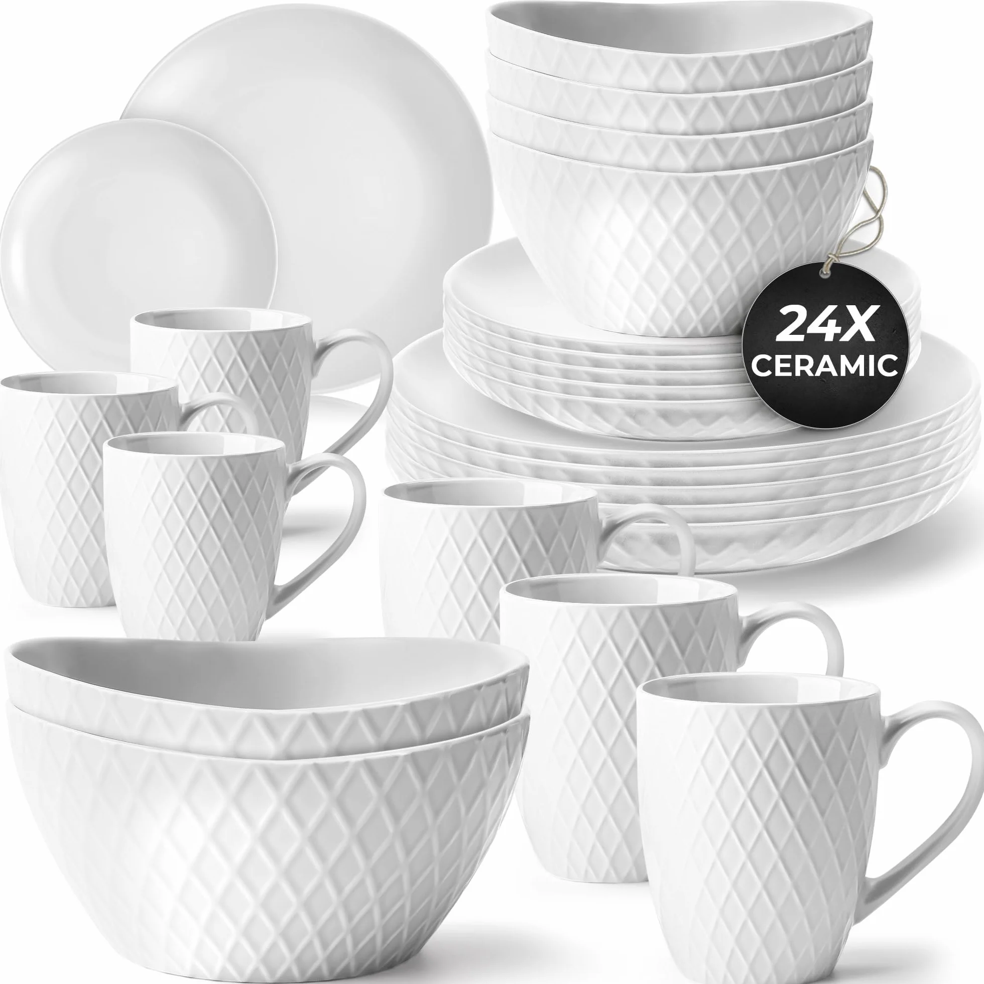 MIAMIO - 24-częściowy serwis stołowy z kamionki ceramicznej, zestaw naczyń, serwis kombinowany dla 6 osób - Naczynia odporne na zmywarkę i kuchenkę mikrofalową - Kolekcja Palmanova (Biały)