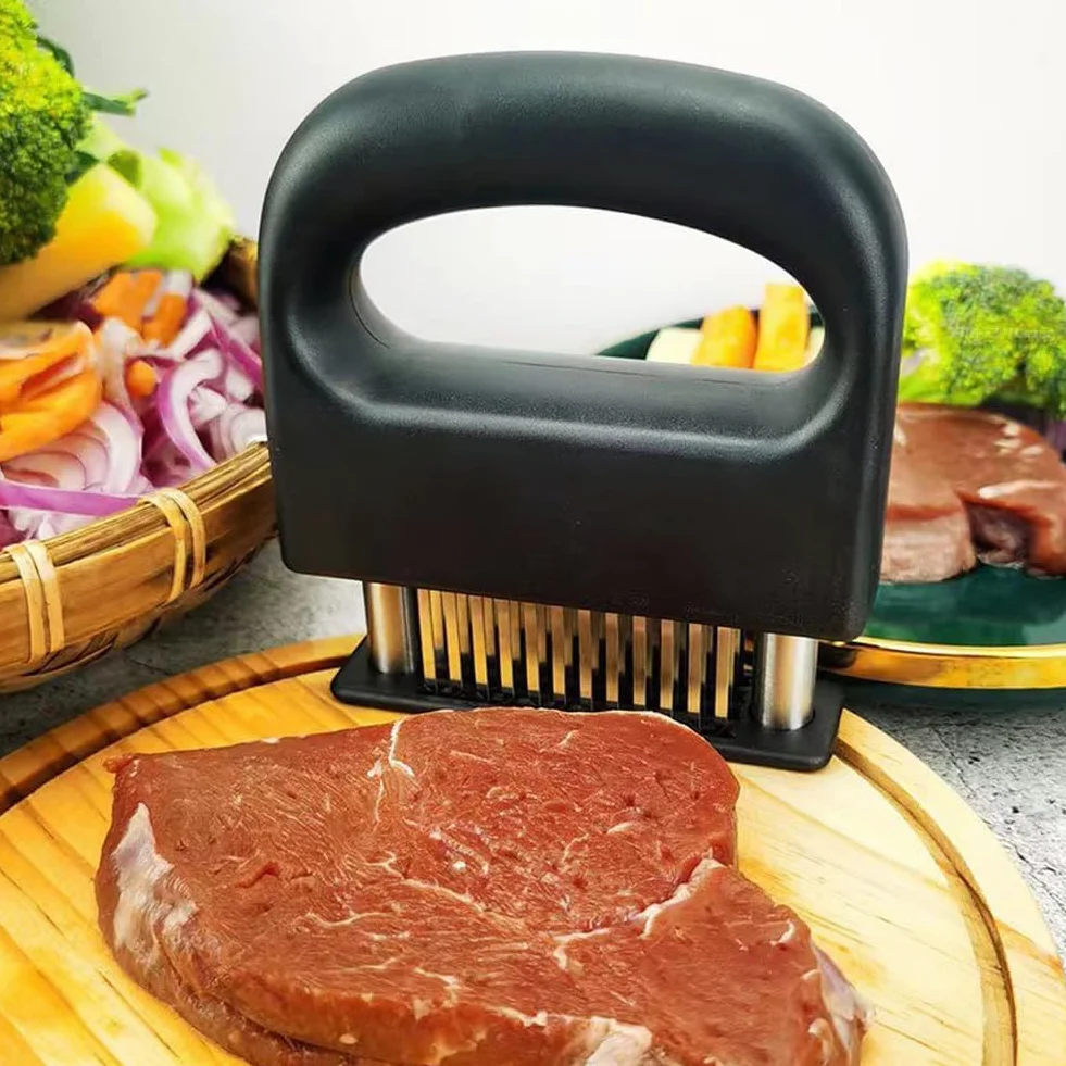 Tenderizer do mięsa z 48 igłami ze stali nierdzewnej, czarny, do wołowiny, kurczaka i wieprzowiny, nadaje się do mycia w zmywarce