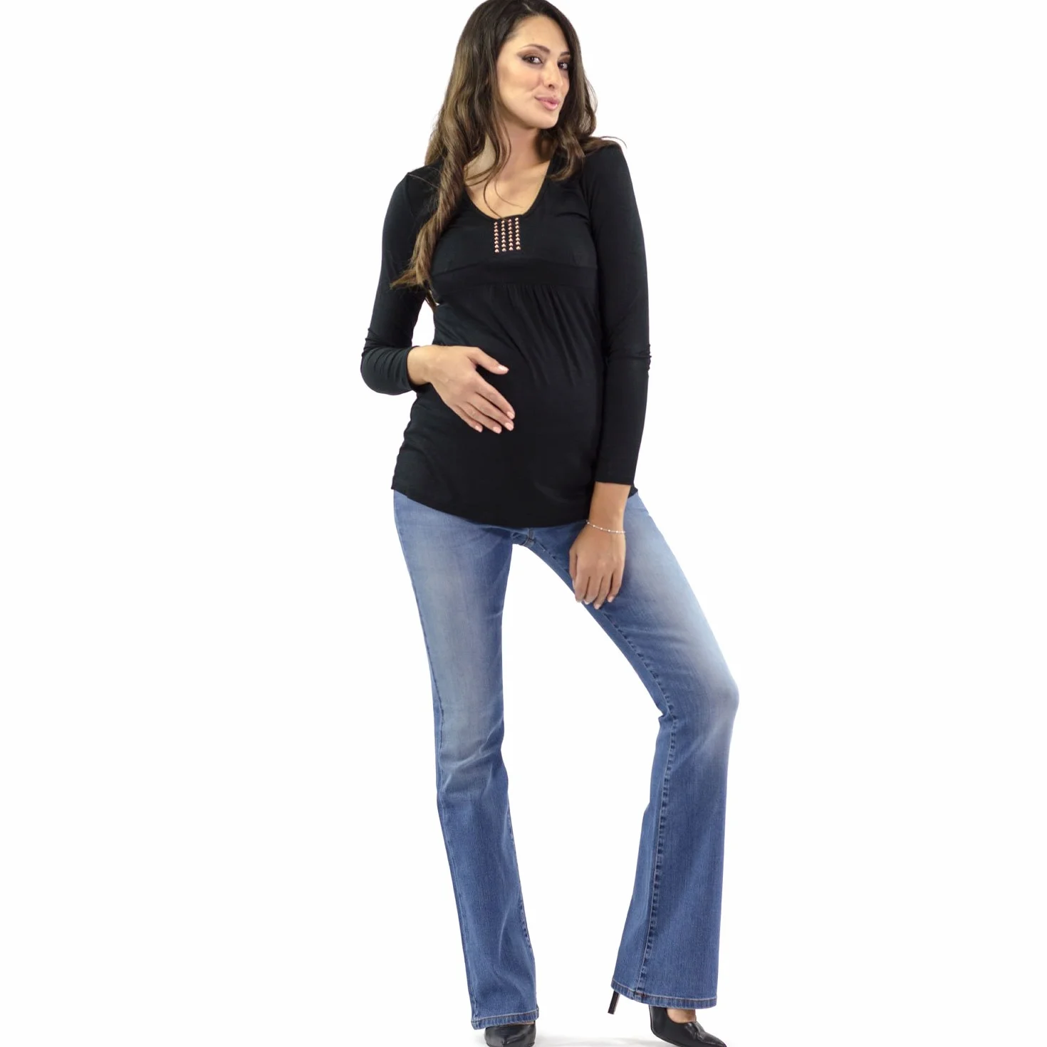 MAMAJEANS Catania - Dżinsy ciążowe z opaski na czoło, jeansy Ciążowe Flare Bootcut - Made in Italy, Jasny, 38