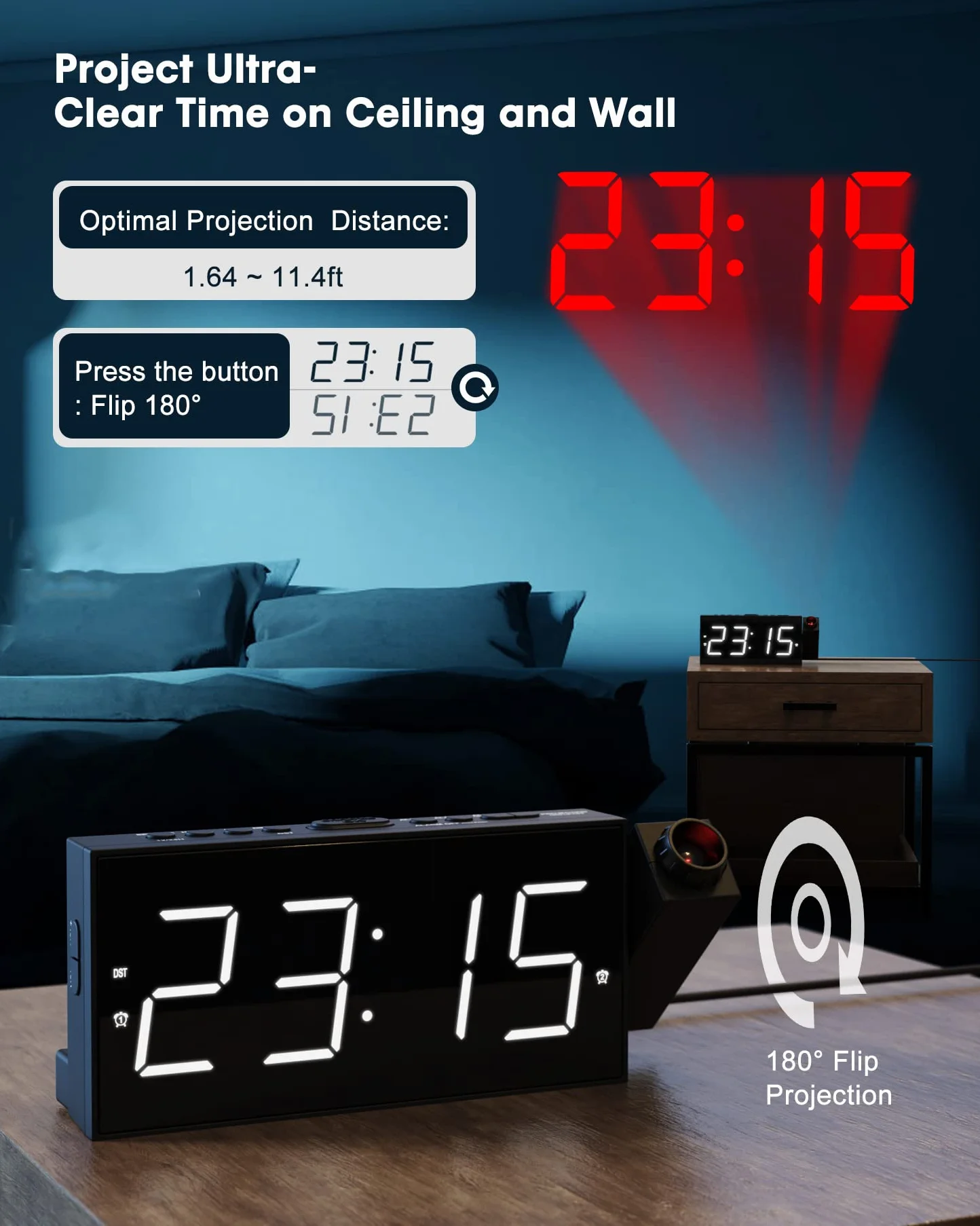 ROCAM Budzik projektor sufitowy LED biały z ładowaniem USB 12/24H drzemka