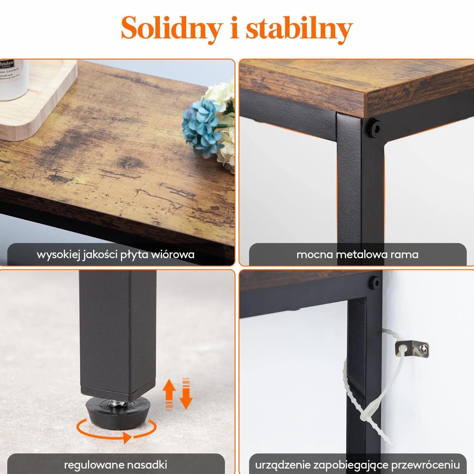 Lifewit 70.9" Wąski, długi stolik konsolowy z 2 gniazdami zasilania i portami USB do salonu, przemysłowy stolik do przedpokoju, korytarz biurowy za sofą, łatwy montaż, rustykalny brąz
