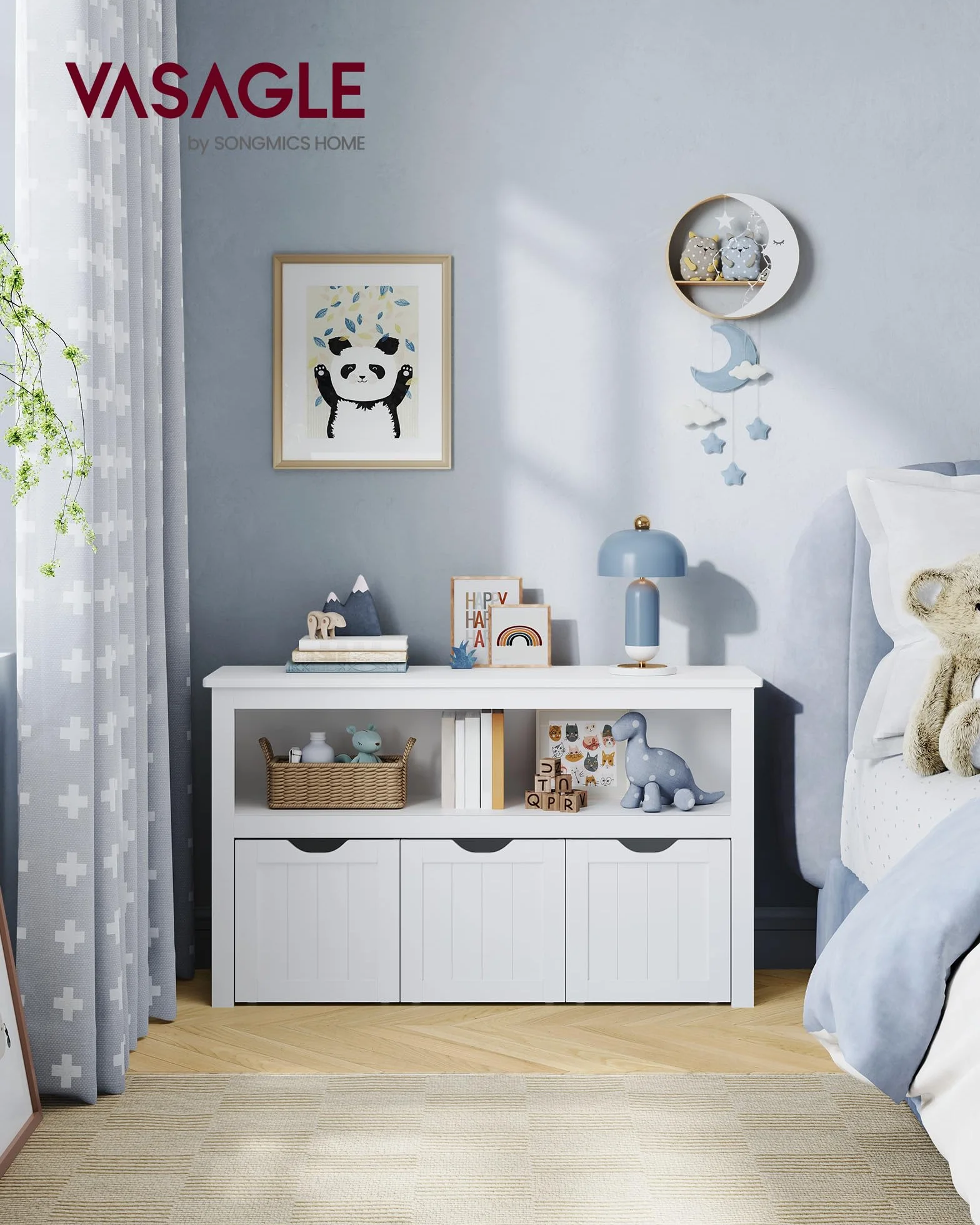 VASAGLE Szafka do przechowywania zabawek 3 półki na kółkach 30x102x60 cm biały