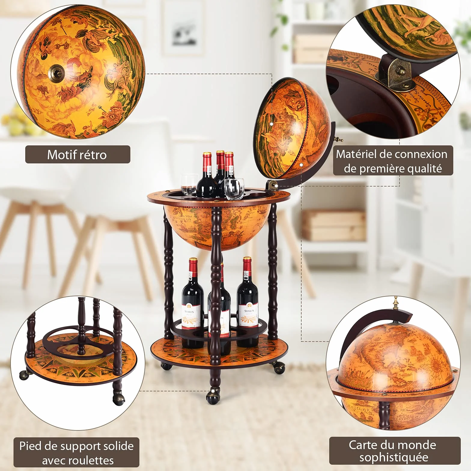 Giantex barek domowy globus vintage minibar z płytą podłogową eukaliptus 3 kółka