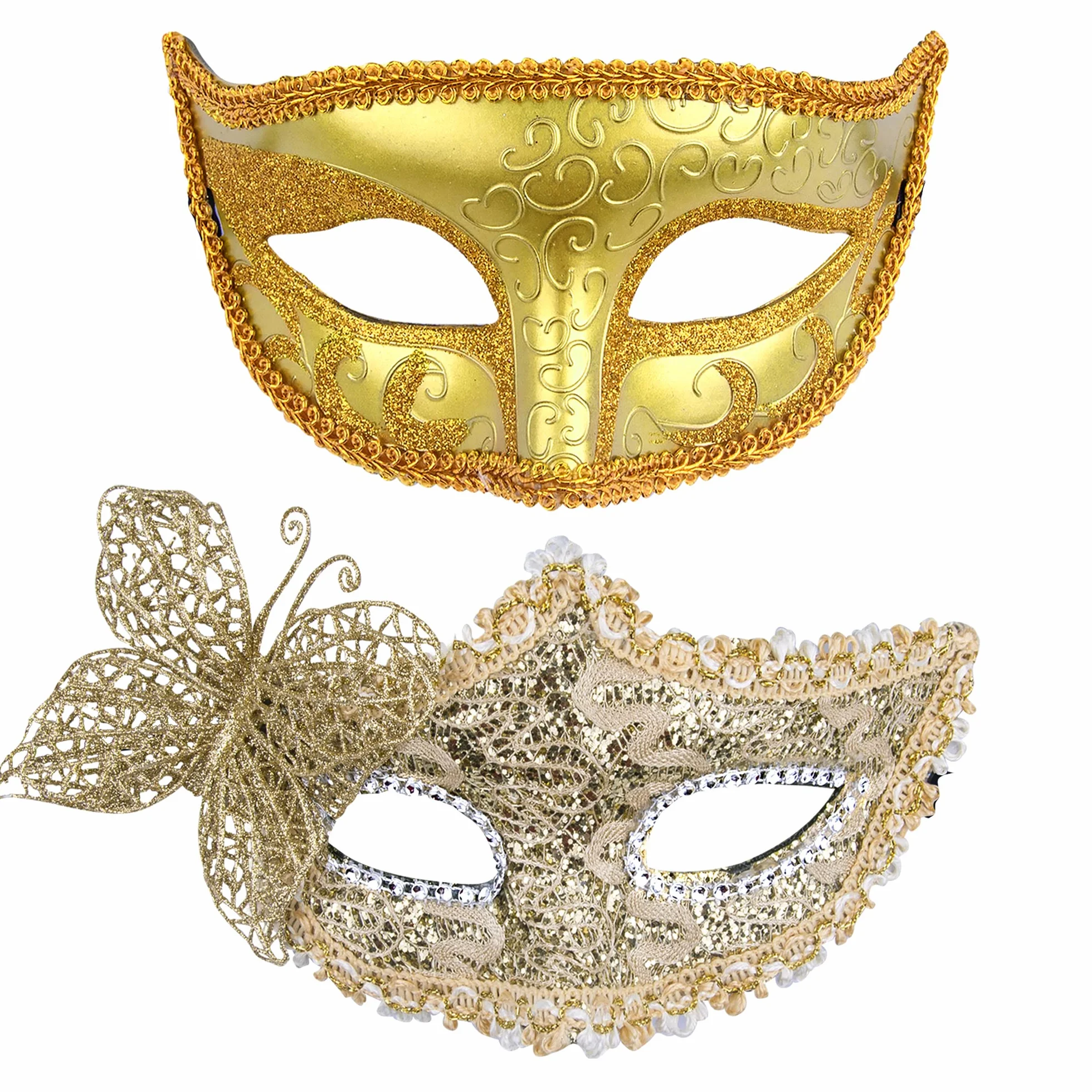 SIQUK Para maskaradowych masek z koronki, wenecka maska na imprezę, plastikowa maska do kostiumu na Halloween, maska z kryształem górskim, Mardi Gras, dla par, kobiet i mężczyzn, złote