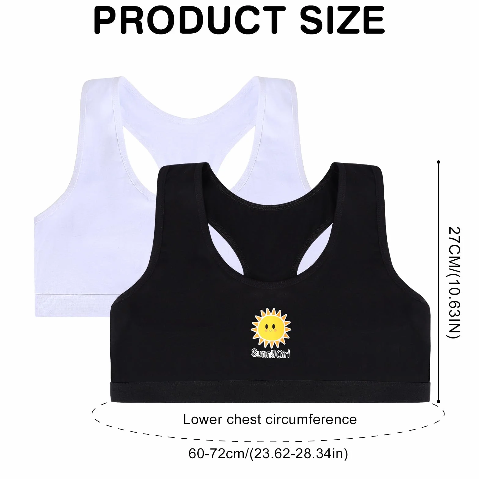 Mayoii 2 szt. crop topy dla dziewczynek bawełniana podwójna warstwa oddychająca bez gąbki i bez przewodowego obwodu dolnej części klatki piersiowej 60-72 cm