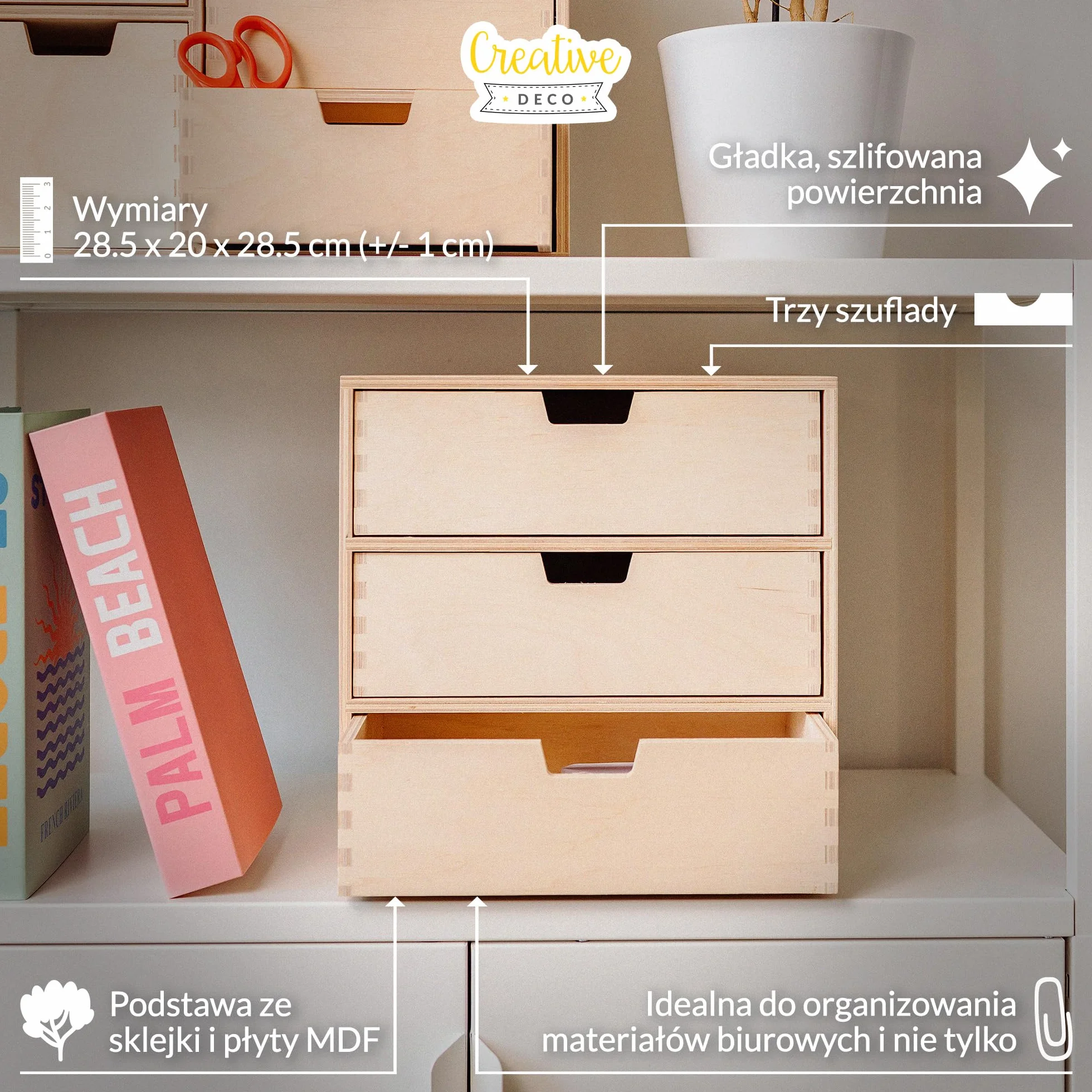 Creative Deco Drewniana Mini Komoda Organizer 3 Szufladki | 28.5 x 20 x 28.5 cm (+/- 1 cm) | Mała Szafeczka na Drobiazgi | Sklejka Niemalowana | Idealna do Przechowywania, Dekoracji i Decoupage'u