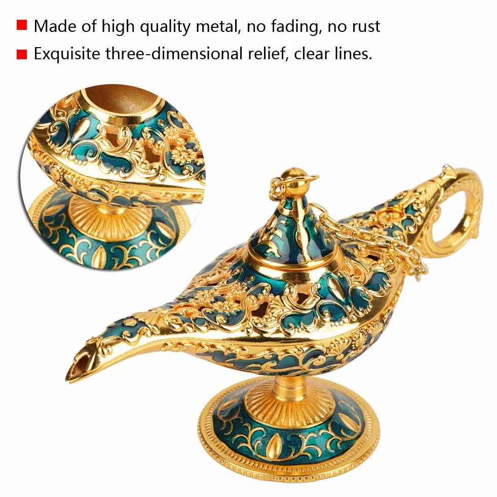 Lampa dekoracyjna 3D vintage metalowa rzeźbiona magiczna dżin palnik kadzidła złoto-niebieski