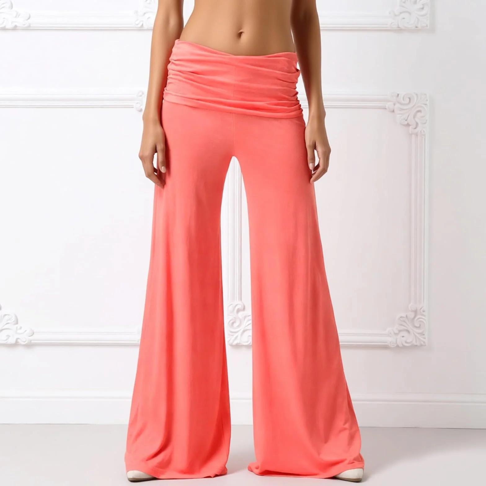 Coral Fold Over Yoga Pants damskie spodnie do jogi, szerokie spodnie z marszczeniem, luźny krój, jednokolorowe 2026, koralowe spodnie plisowane, szerokie spodnie Palazzo z wysokim ściągaczem