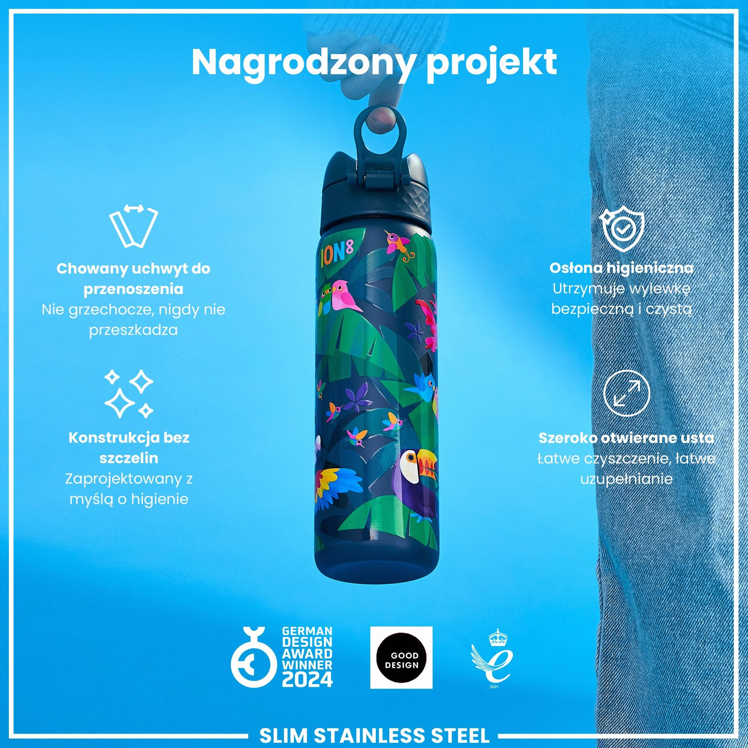 ION8 Butelka na Wodę ze Stali 600 ml Nieocieplany Szczelna Łatwe Otwieranie Bezpieczny Zamek