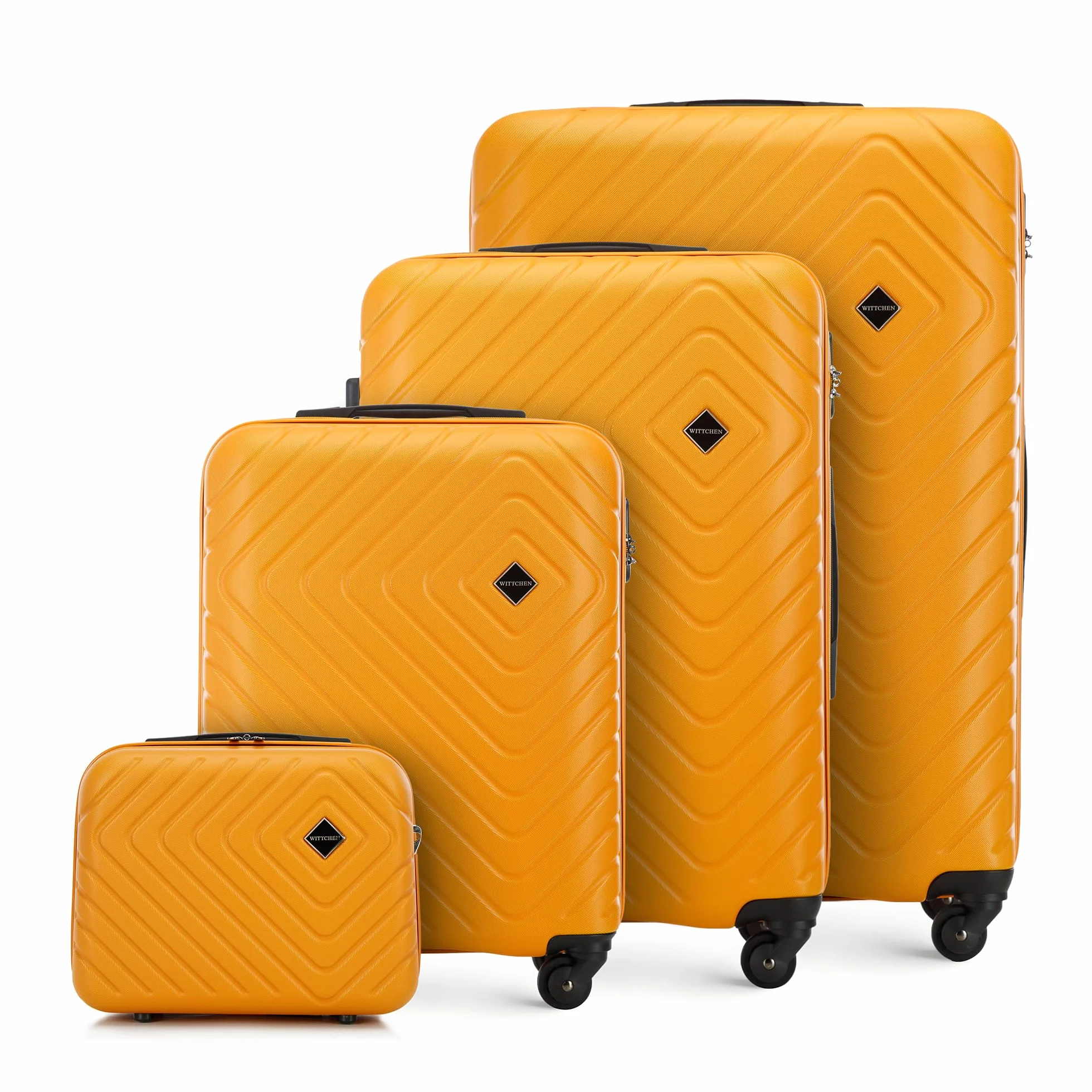 WITTCHEN Cube Line Walizka z tworzywa ABS, prosta geometryczna tłoczenie, 4 kółka z wyciąganym uchwytem zamek szyfrowy, Kolor: pomarańczowy, Set de 4 Valises, Zestaw 4 walizek