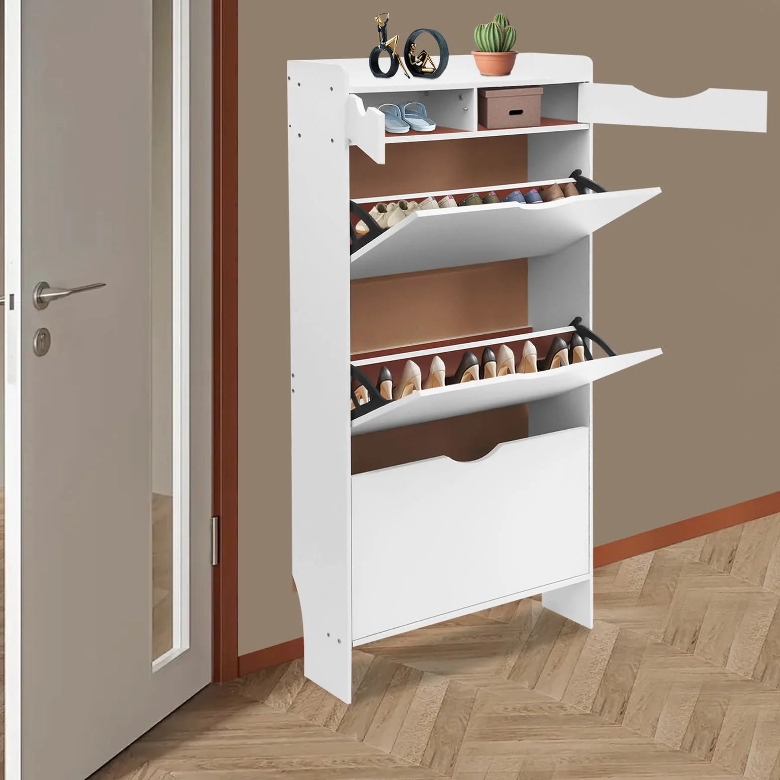 Szafka na buty wąska 3 klapy 4 półki biała 80x17x125 cm