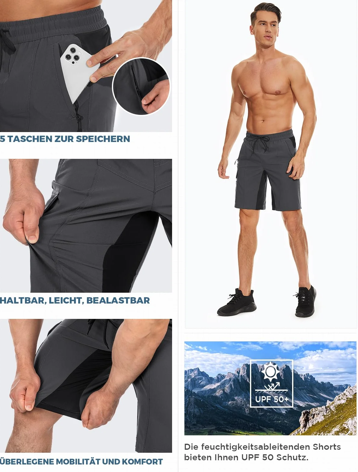 Wespornow Męskie bermudy z 5 kieszeniami, sportowe, szybkoschnące krótkie spodnie sportowe na świeżym powietrzu, funkcjonalne, do pracy, wędrówek, trekkingu