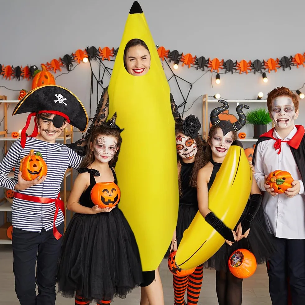 Kostium bananowy, zabawny kostium banana i 1 sztuka dmuchany banan, kostiumy owocowe dla dorosłych na Halloween, na imprezy tematyczne, Boże Narodzenie, cosplay, unisex