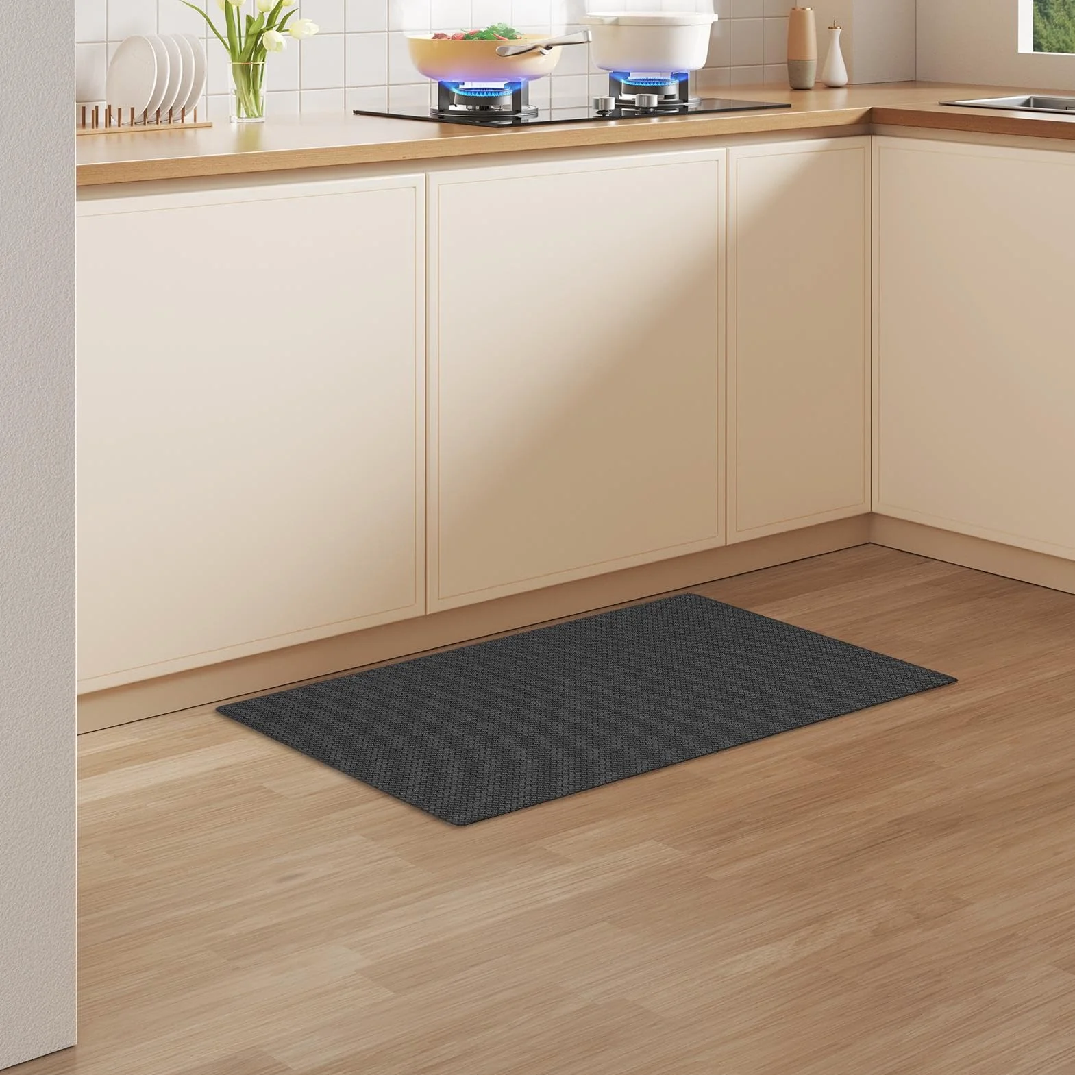 Waterproof Kitchen Mat for Floor, Anti-Fatigue Cushion Rug, 44x120x0.8cm Black