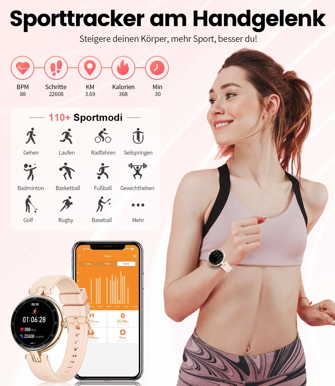 ESFOE Smartwatch damski z funkcją telefonu 1,16" AMOLED Always-On-Display, zegarek na rękę SML18
