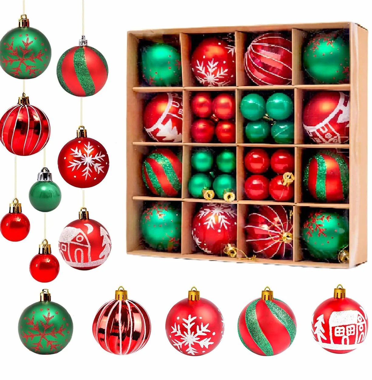 Bombki choinkowe 44 szt. zestaw mini 3 cm i 6 cm zielone czerwone