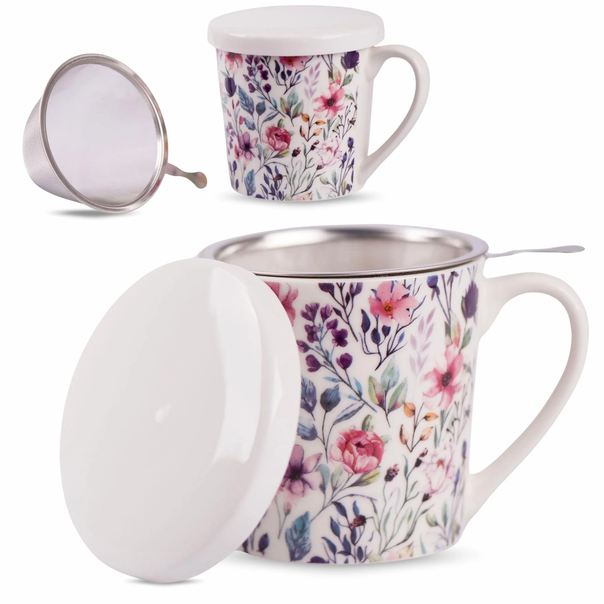 OMAGO Kubek porcelanowy z zaparzaczem do herbaty i przykrywką motyw kwiatów