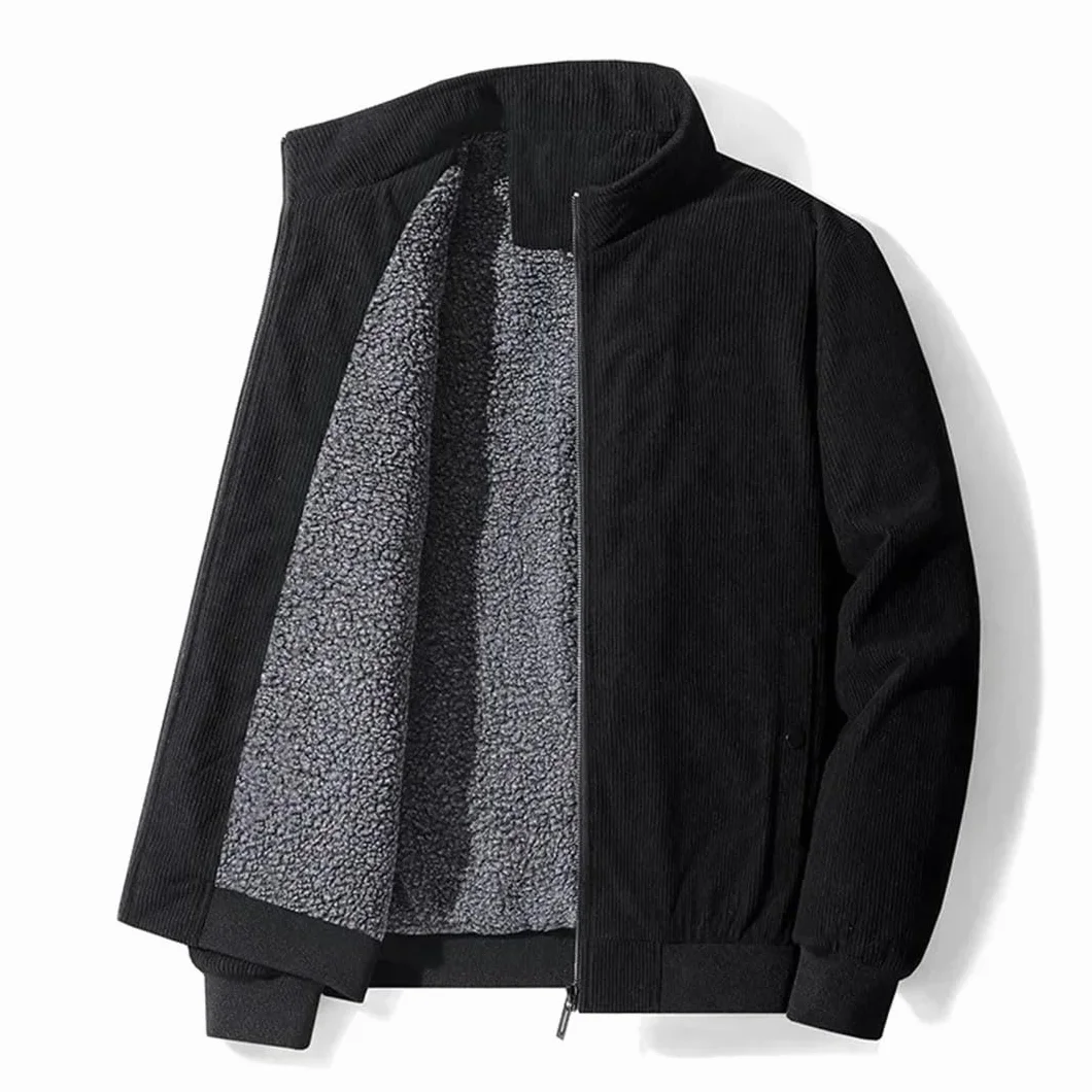 Męskie ubrania zimowe solidny kołnierz ze stójką sztruksowy płaszcz polarowy ubrania czarne 4XL, Czarny, 4XL