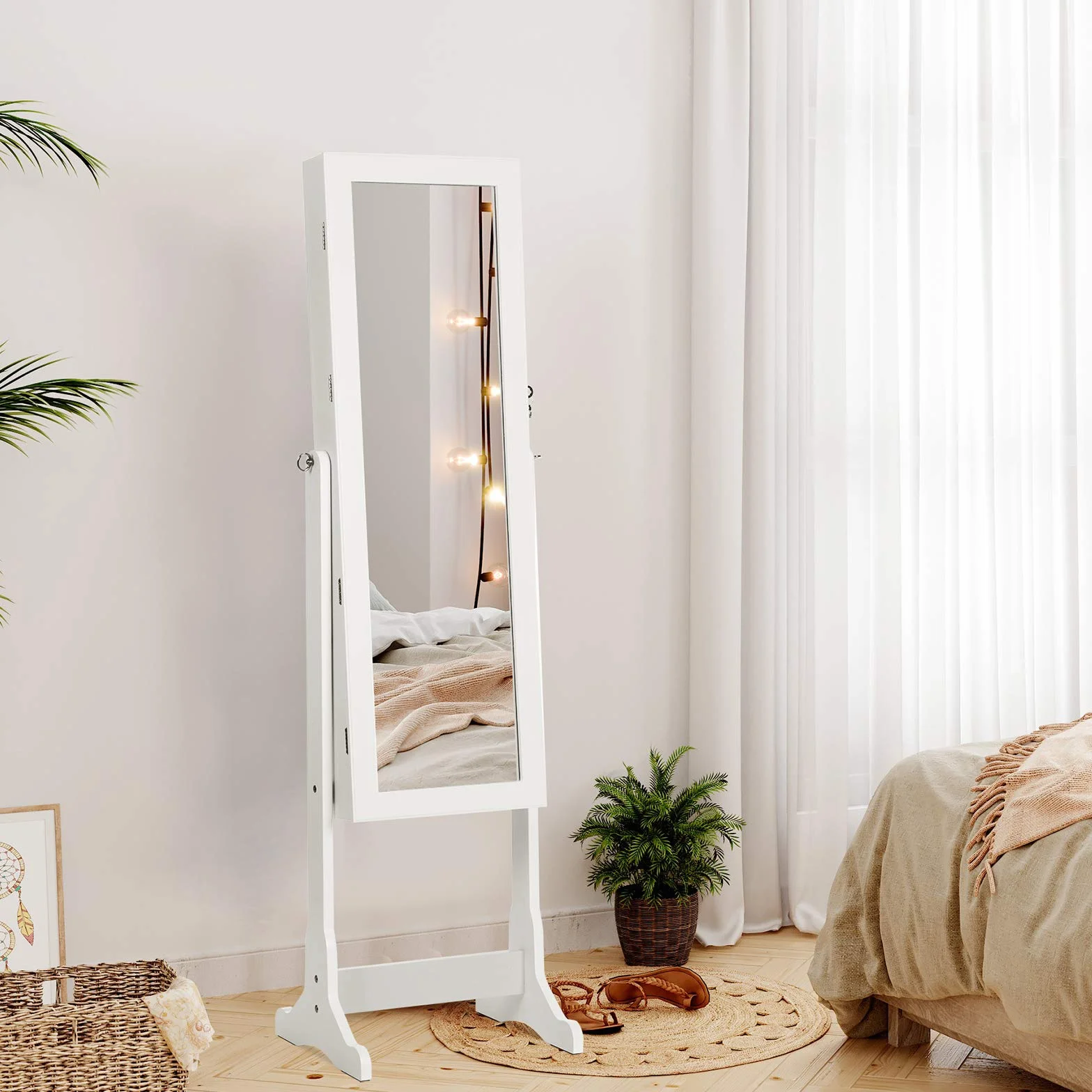 SONGMICS JBC94W oświetlenie LED szafka na biżuterię, z lustrem, 4 półki i 2 małe szuflady, zamykana