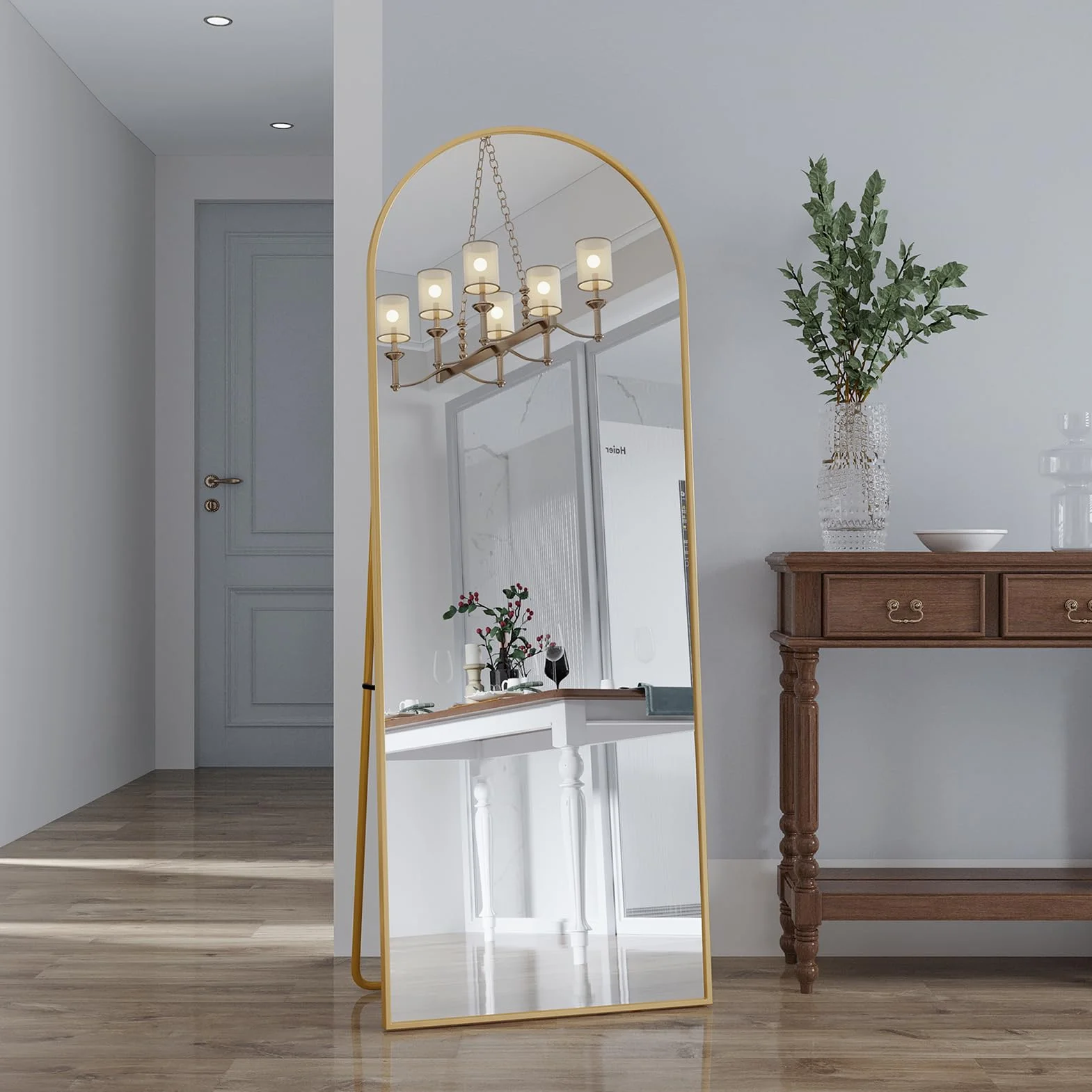 Lustro stojące 160x60 cm rama ze stopu aluminium szkło hartowane złote półokrągłe