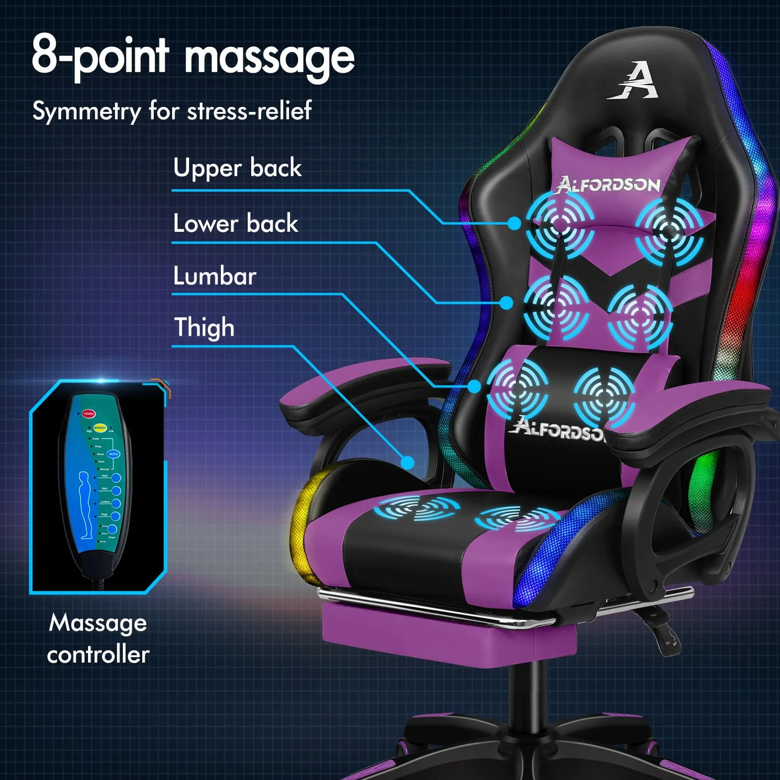 ALFORDSON Fotel gamingowy z 8-punktowym masażem, 12 kolorów światła RGB LED, ergonomiczne krzesło biurowe z podnóżkami, zagłówek, poduszka lędźwiowa dla dzieci i dorosłych, fioletowe