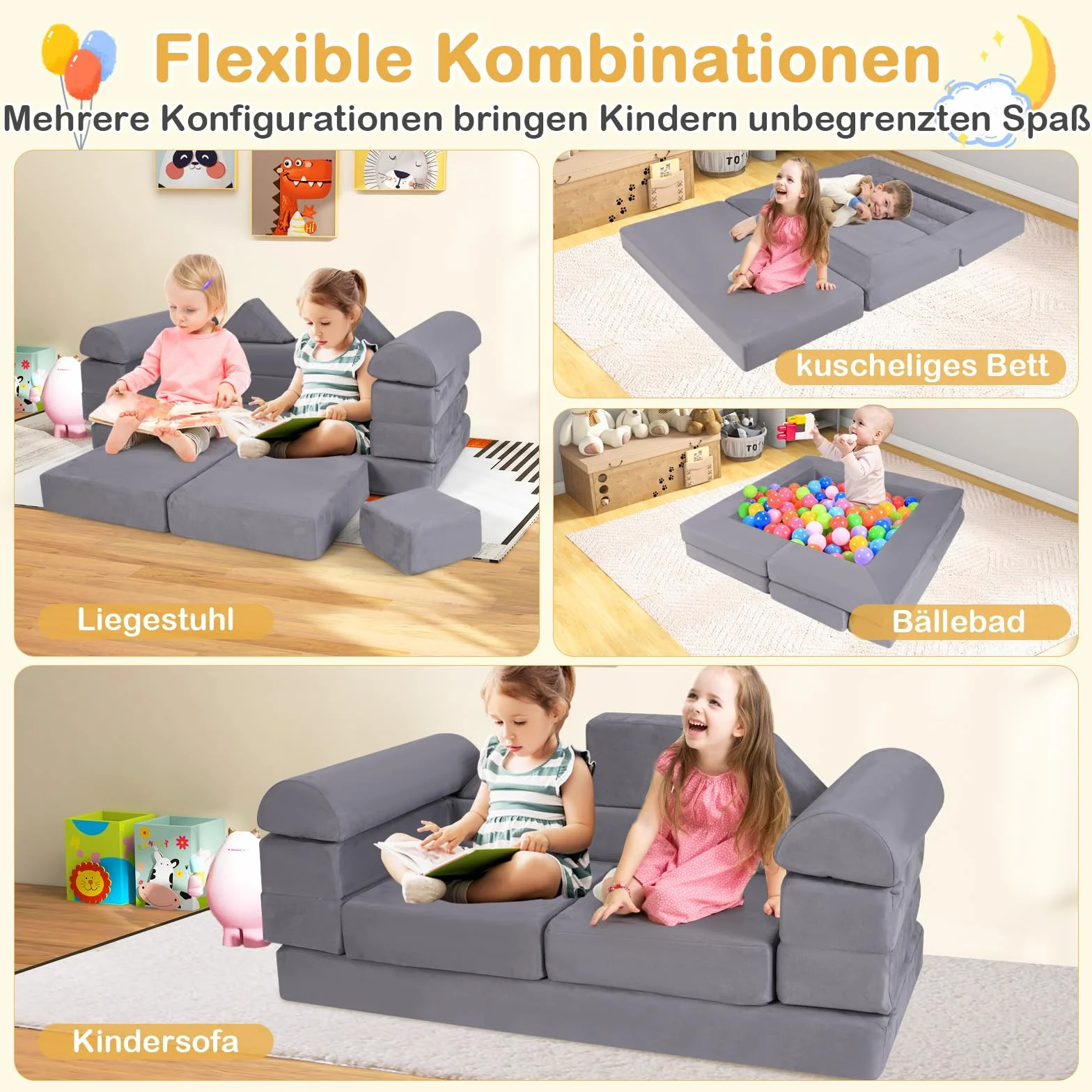 COSTWAY Modułowa sofa dziecięca 9-częściowa z pianki zamszowa szara