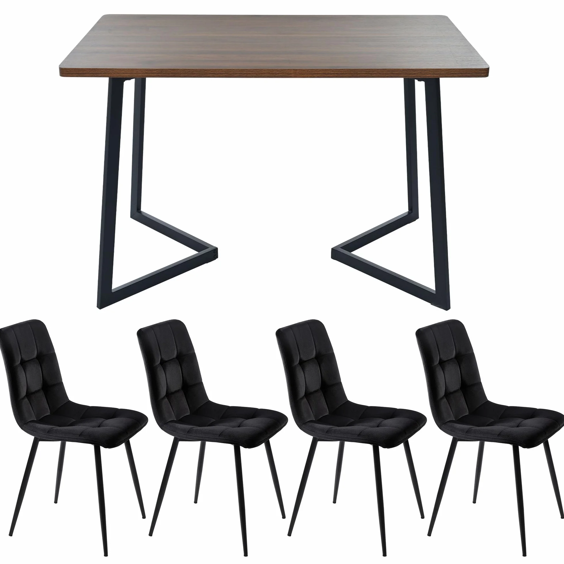 Zestaw do jadalni 5-częściowy: nowoczesny stół do jadalni z 4 aksamitnymi krzesłami, blat z płyty MDF, czarne metalowe nogi, ergonomiczny design, idealny do jadalni i kuchni, elegancki komfort.