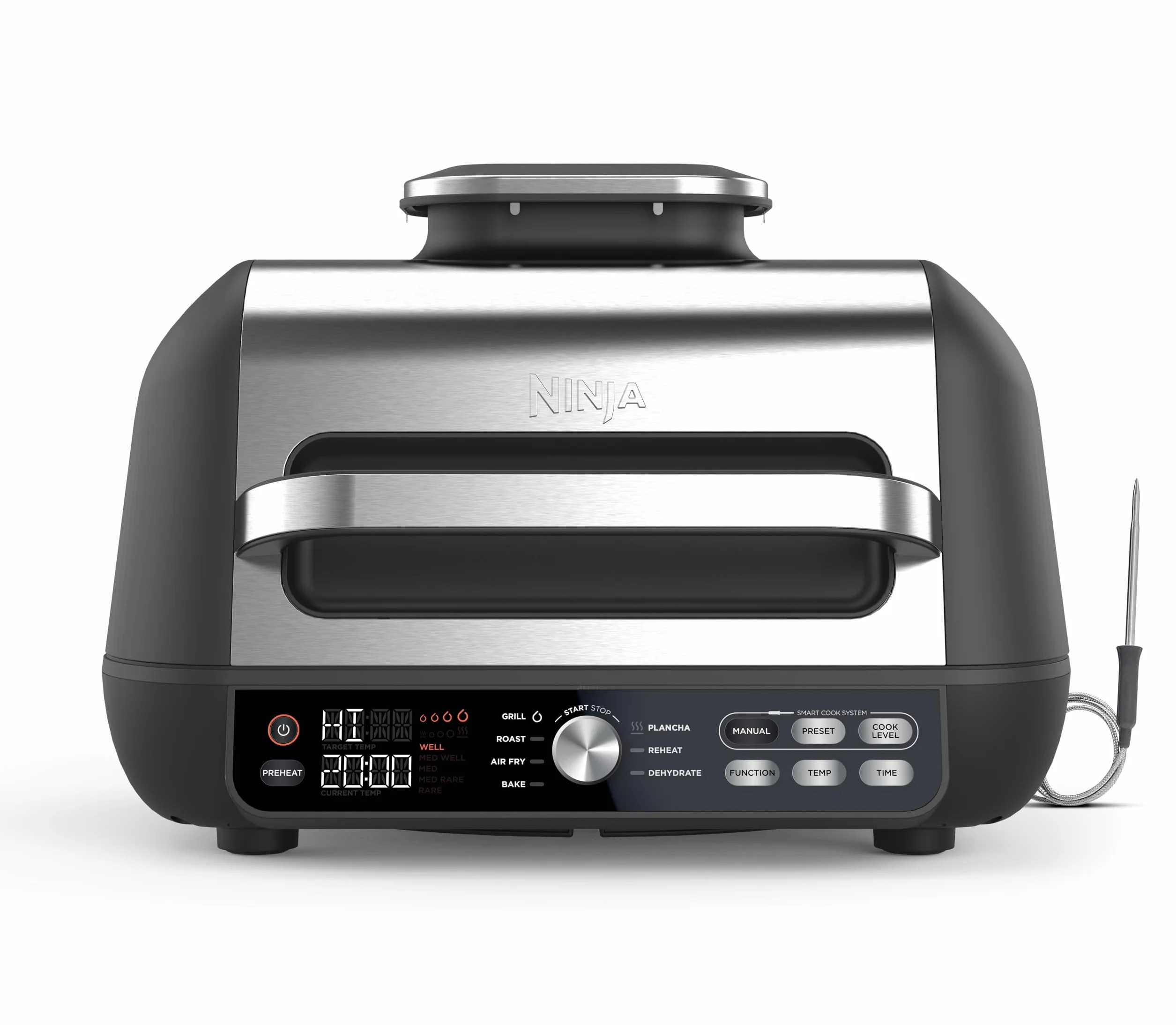 Ninja Foodi MAX PRO Grill, płaska płyta i frytkownica beztluszczowa z cyfrową sondą kuchenną i termometrem, 3,8 l, 7 funkcji gotowania w 1, części można myć w zmywarce, srebrno/czarny, AG651EU