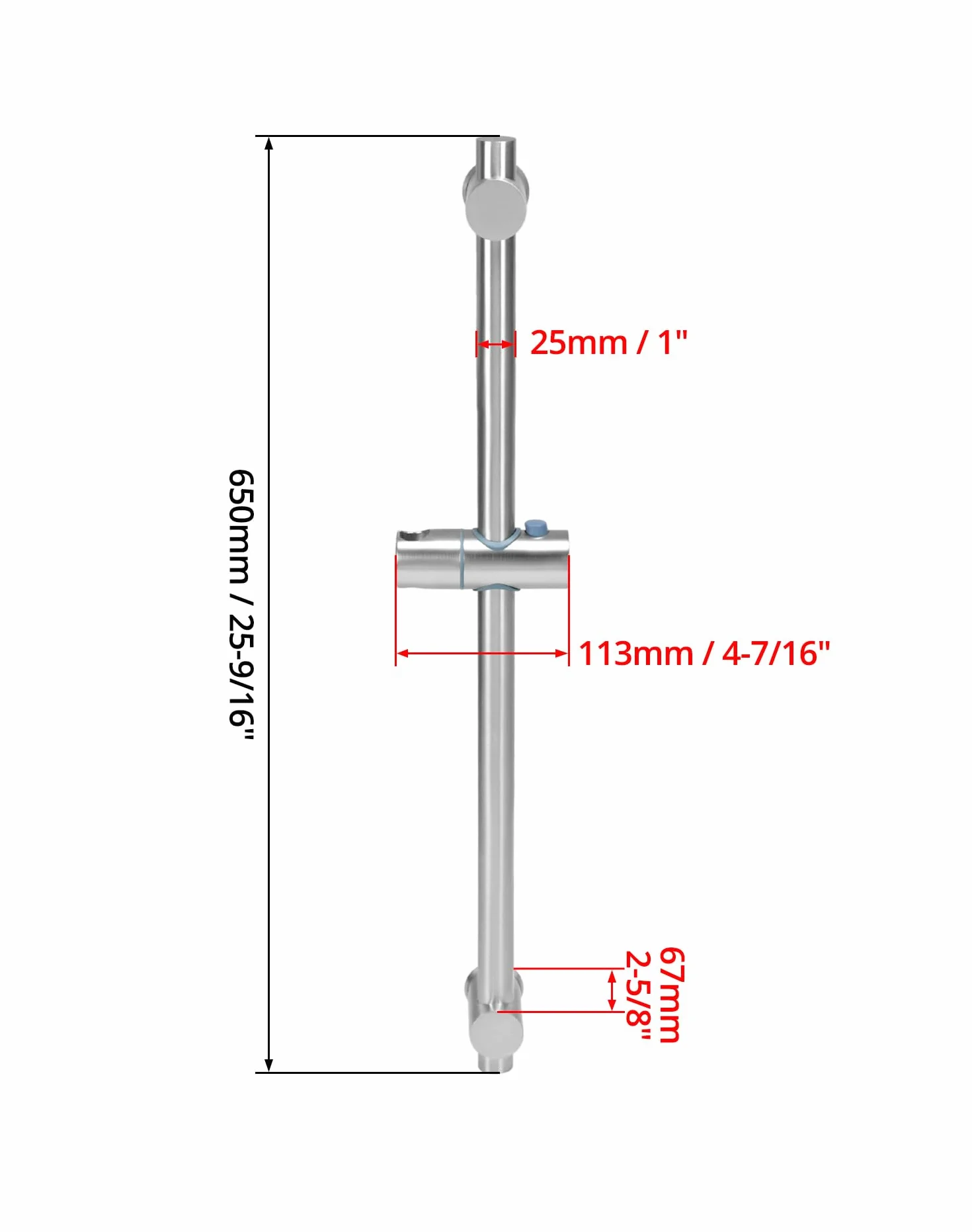 QWORK® Drążek prysznicowy 66 cm z elastycznym uchwytem na słuchawkę prysznicową– Stal nierdzewna SUS 304 – Wykończenie szczotkowane – Regulowane podstawy montażowe