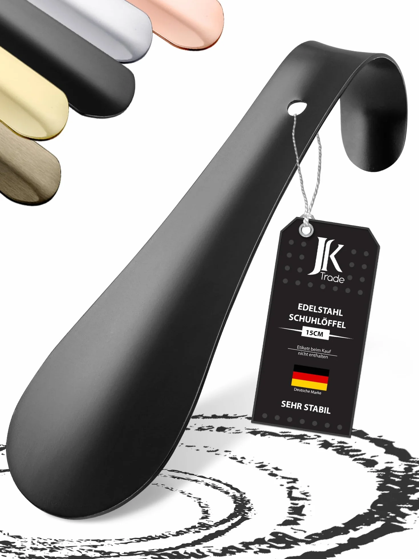 JK Trade® Łyżka do butów ze stali nierdzewnej, 15 cm, polerowana metalowa łyżka do butów, 1,5 mm, do podróży, zoptymalizowana długość i szerokość, biznesowa, możliwość zawieszenia